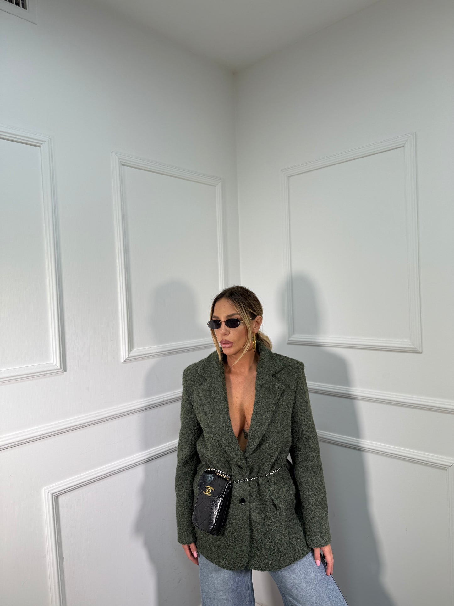 Blazer oversize con spalline in lana cotta verde oliva 9883