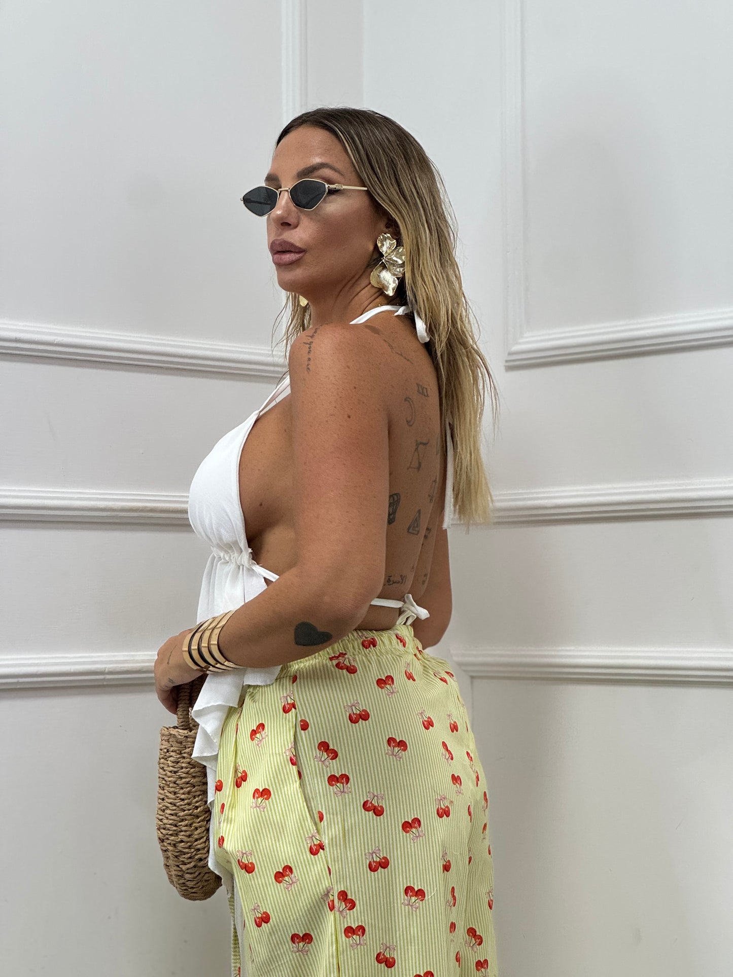 Pantalone righe gialle ciliegie