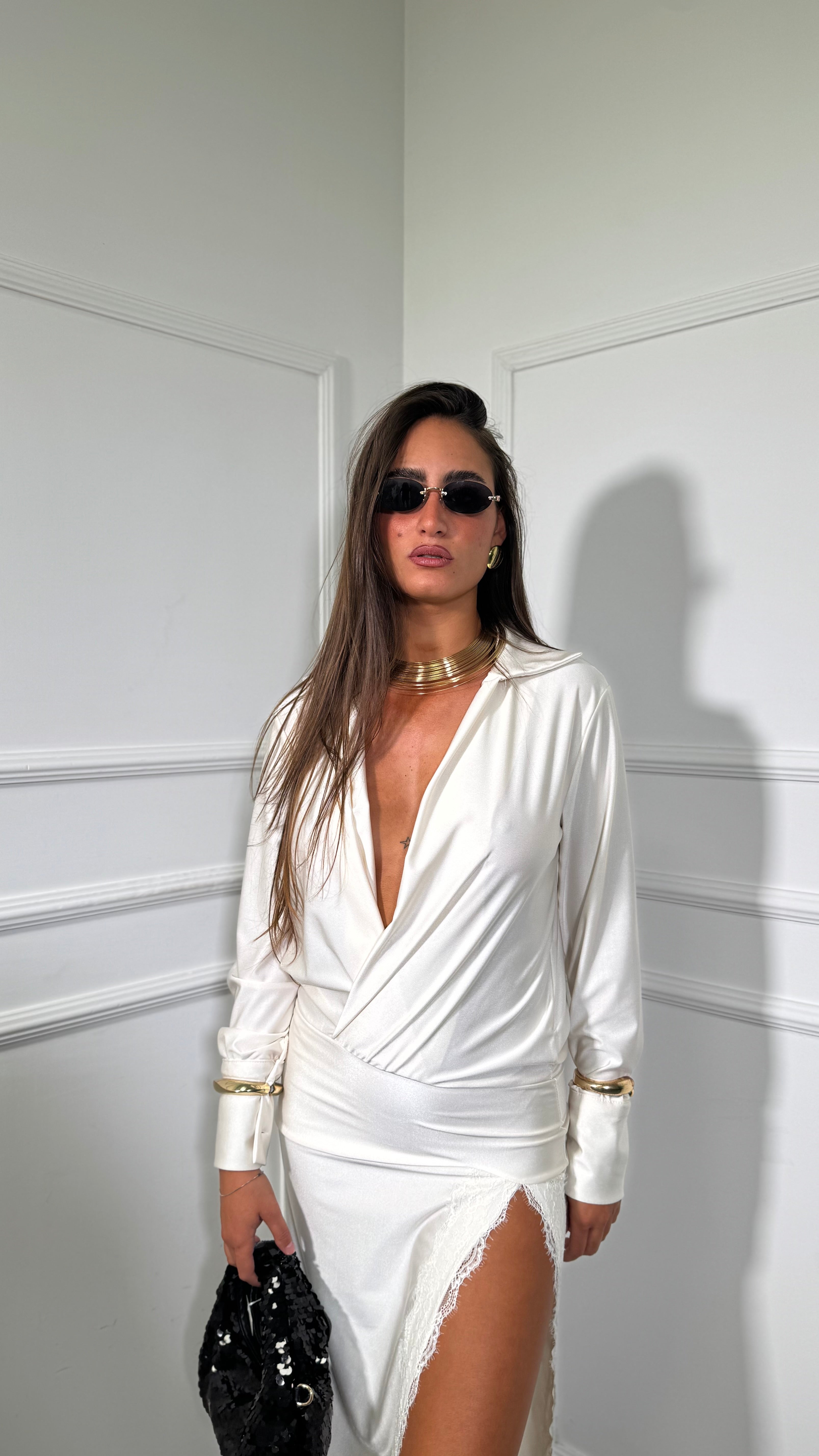 Abito lungo in lycra con spacco in pizzo Eva panna 760741