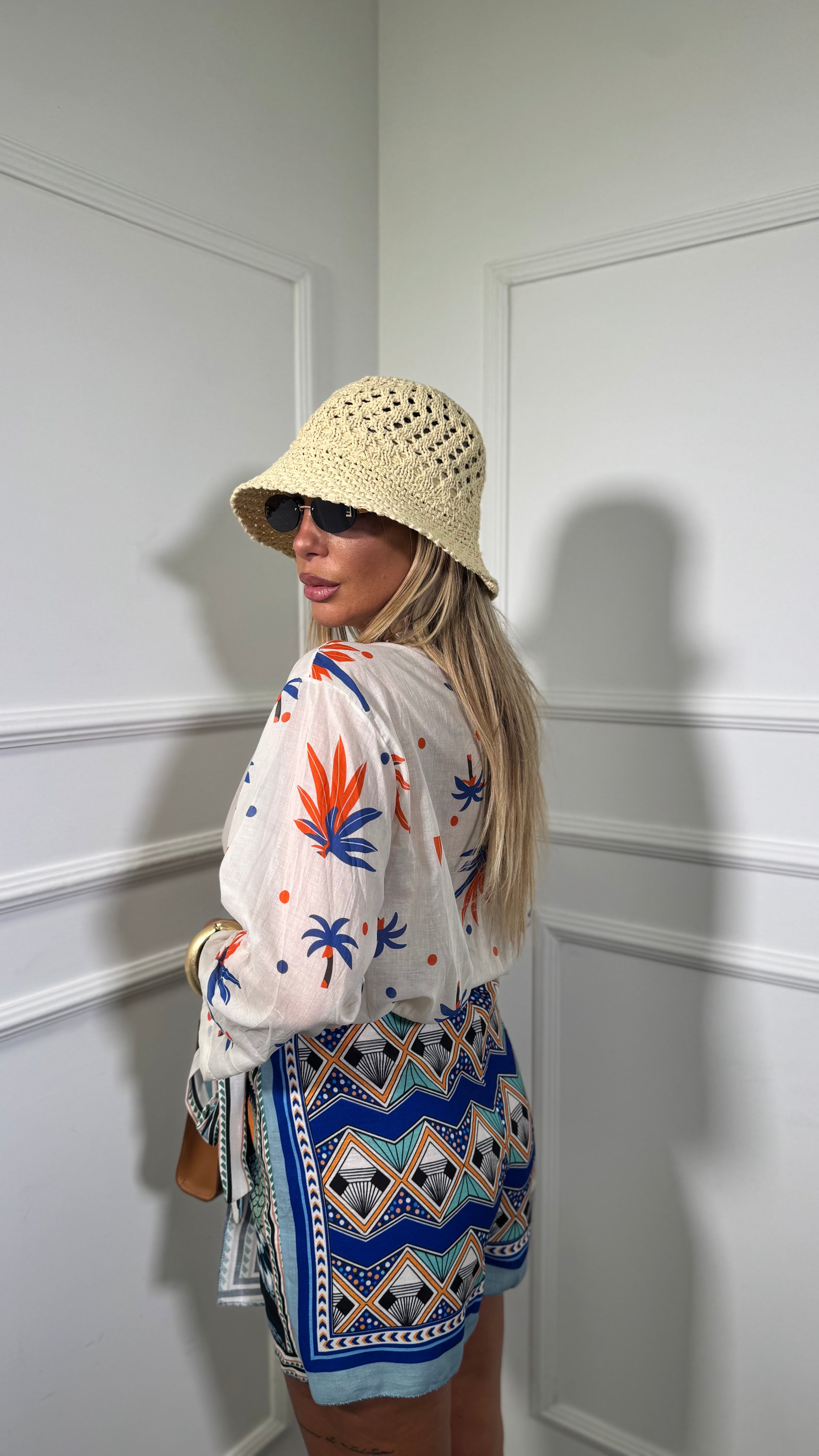 Camicia in 100% cotone con palme arancio/blu 7902