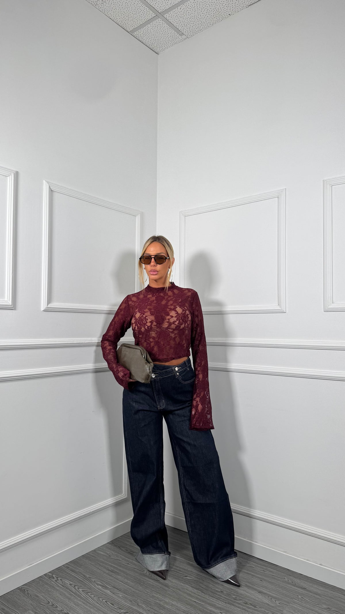 Jeans palazzo bustino asimmetrico con piegone lavaggio zero a3498
