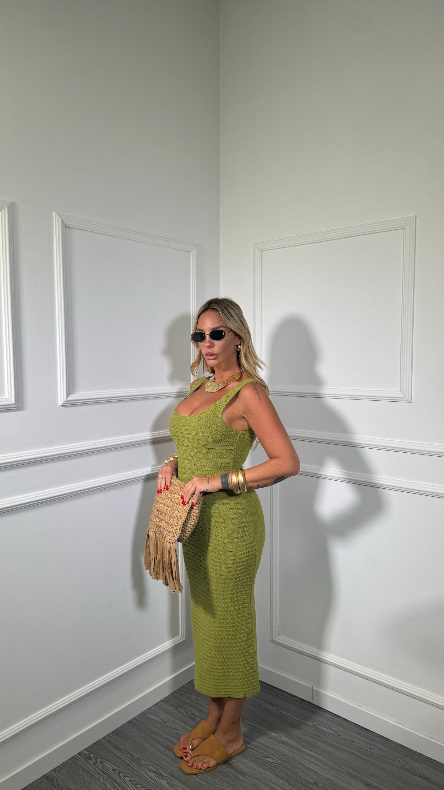 Abito midi in crochet scollo squadrato Dominique verde acido