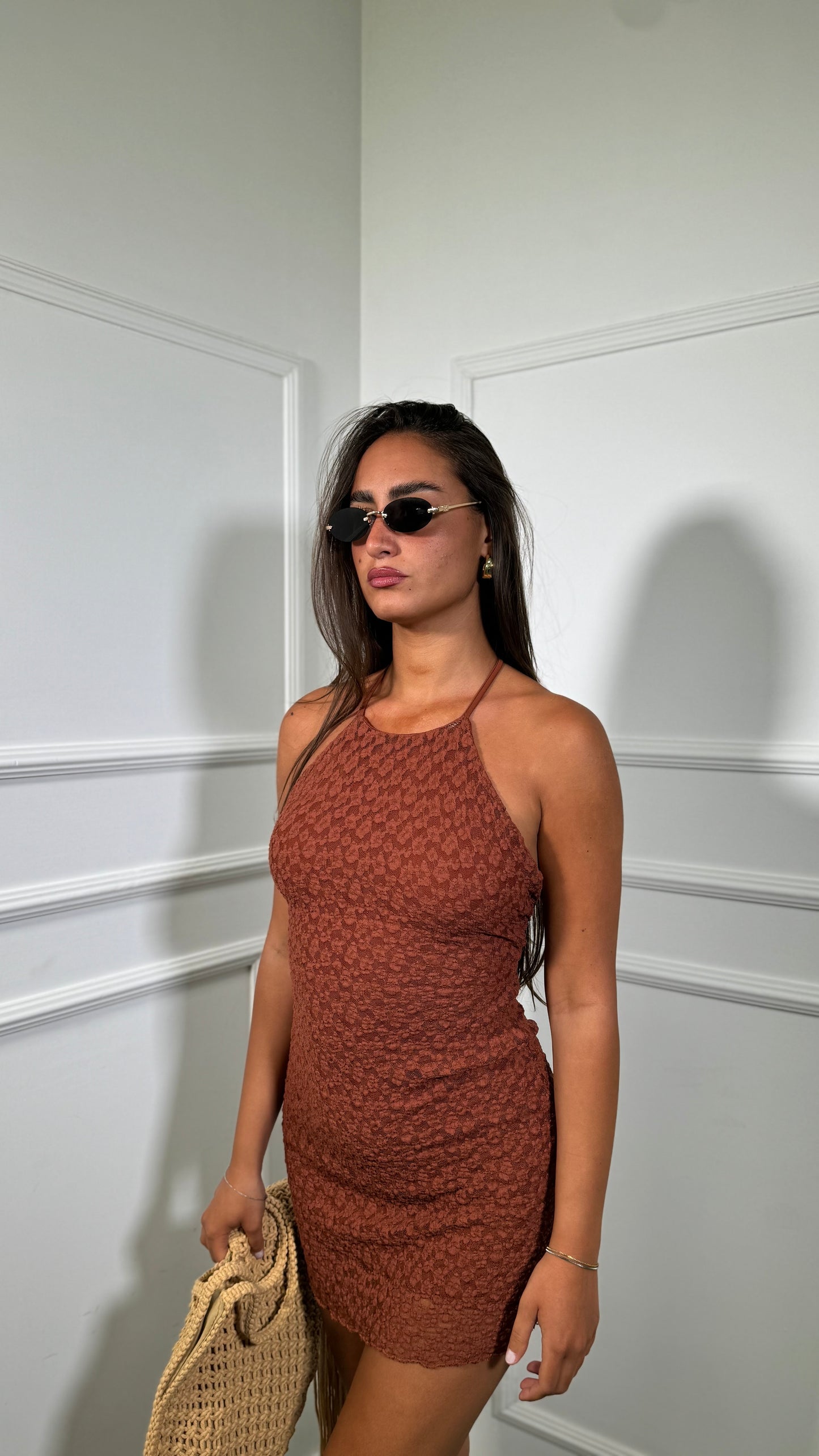 Abito corto in pizzo Bodrum coccio 13870