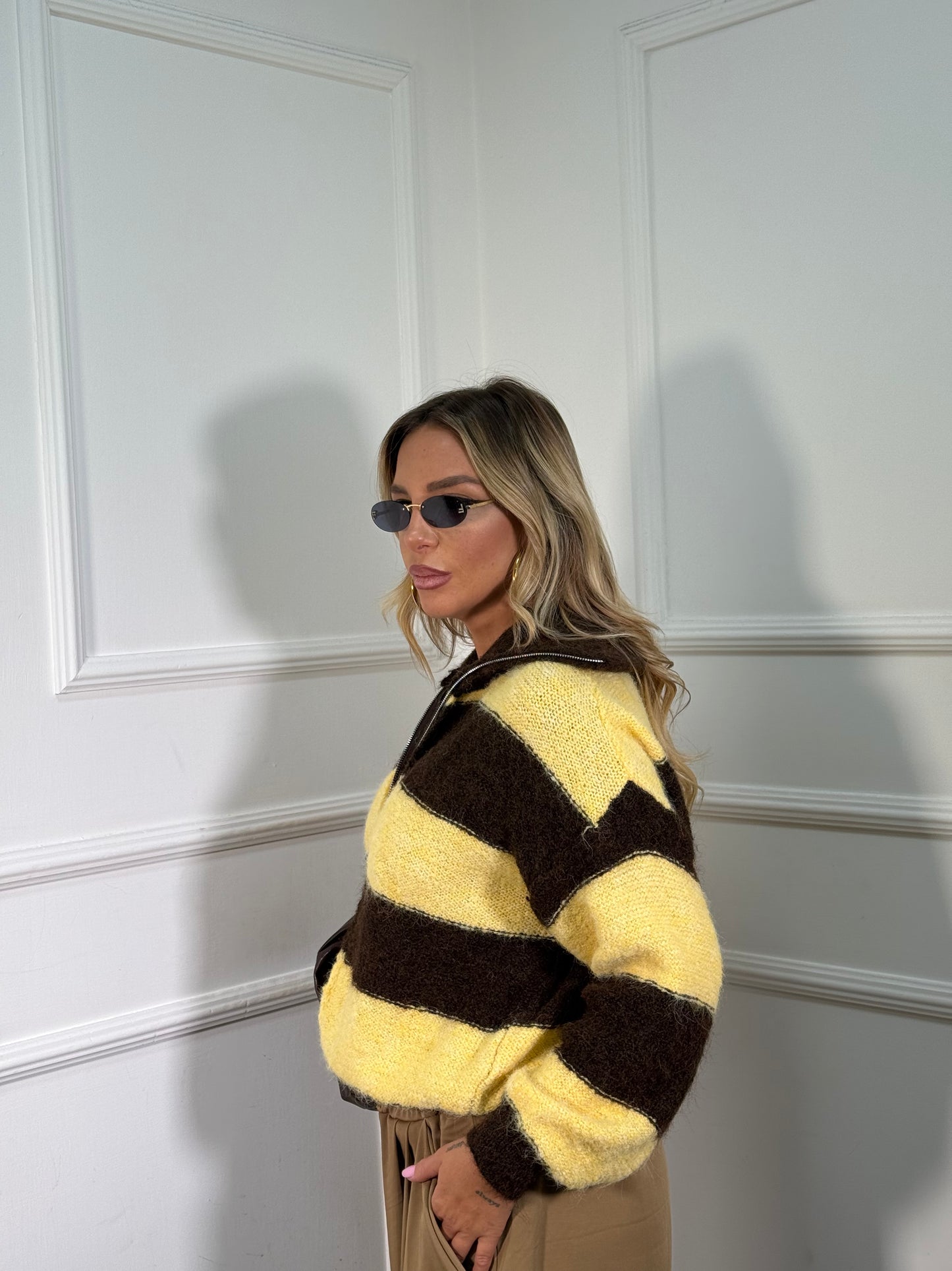 Maglioncino con zip misto lana giallo/cacao 51201