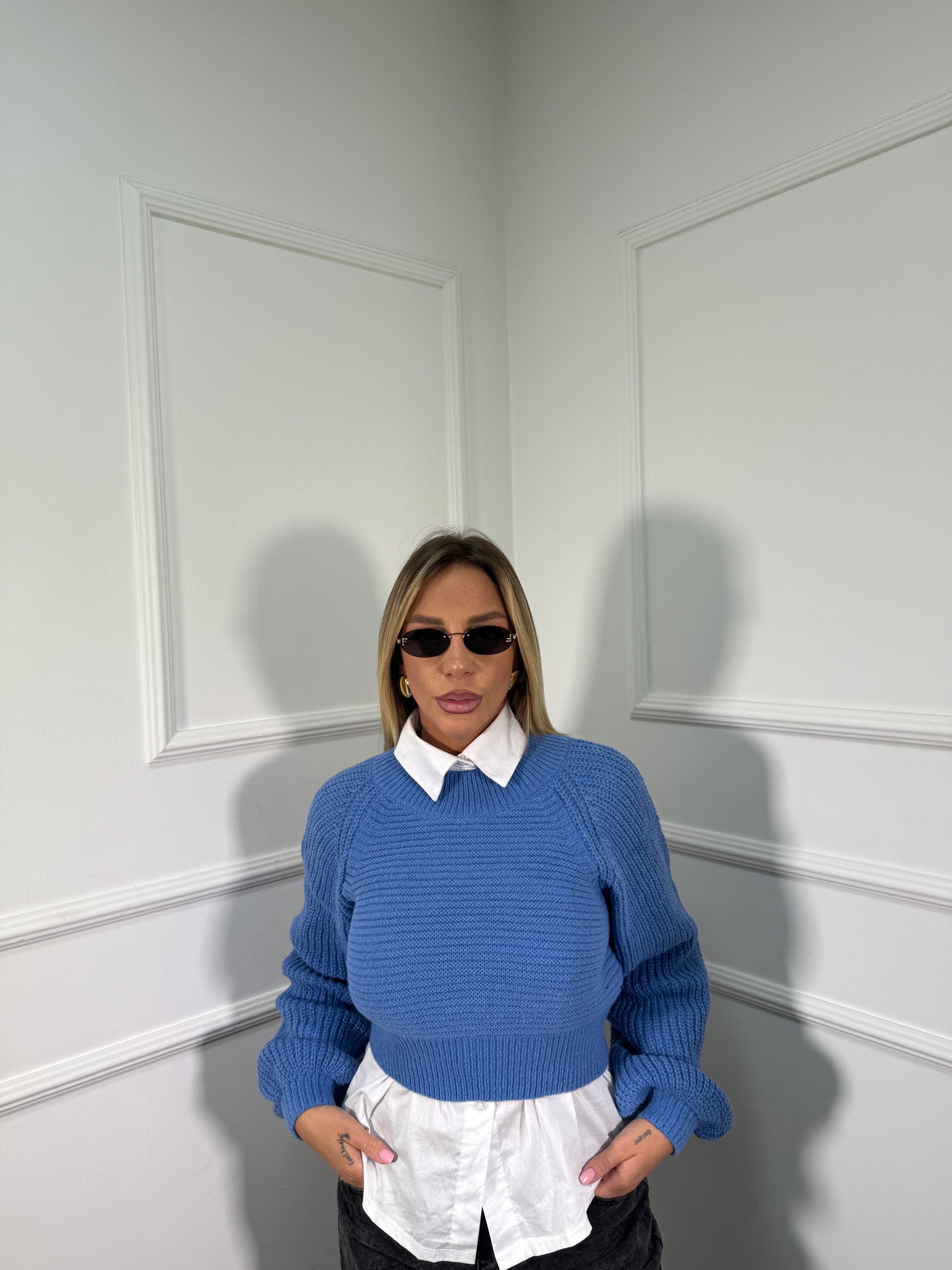 Maglioncino crop manica balloon Sugar azzurro mi09