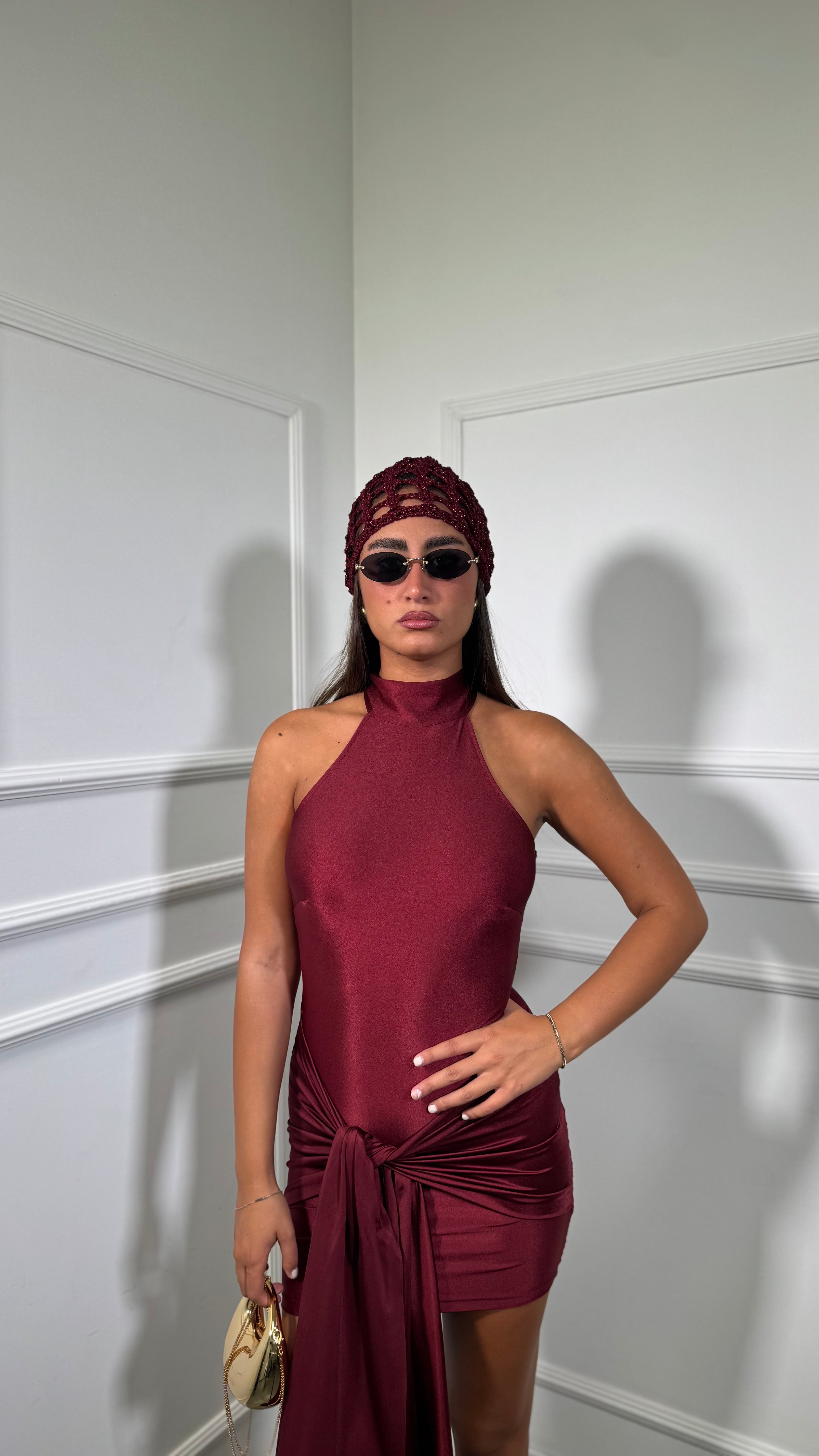 Abito corto in lycra con fusciacca Andromeda bordeaux 25765