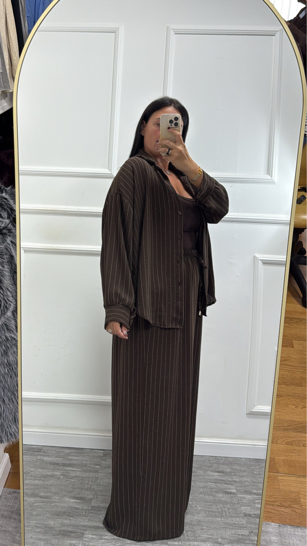 Coordinato gessato Office cioccolato curvy 46/52 25061