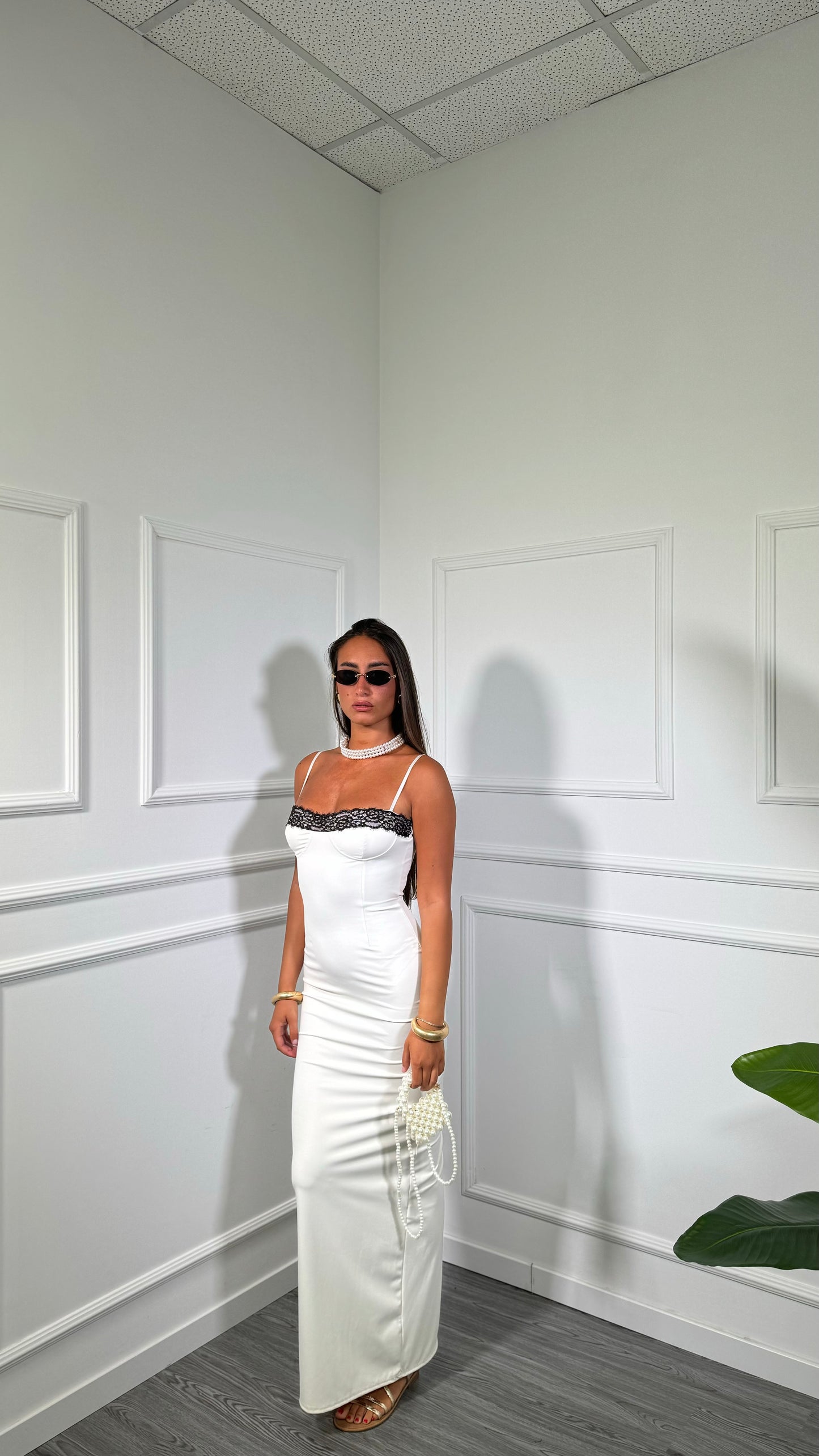 Abito lungo in lycra con pizzo Kendra panna