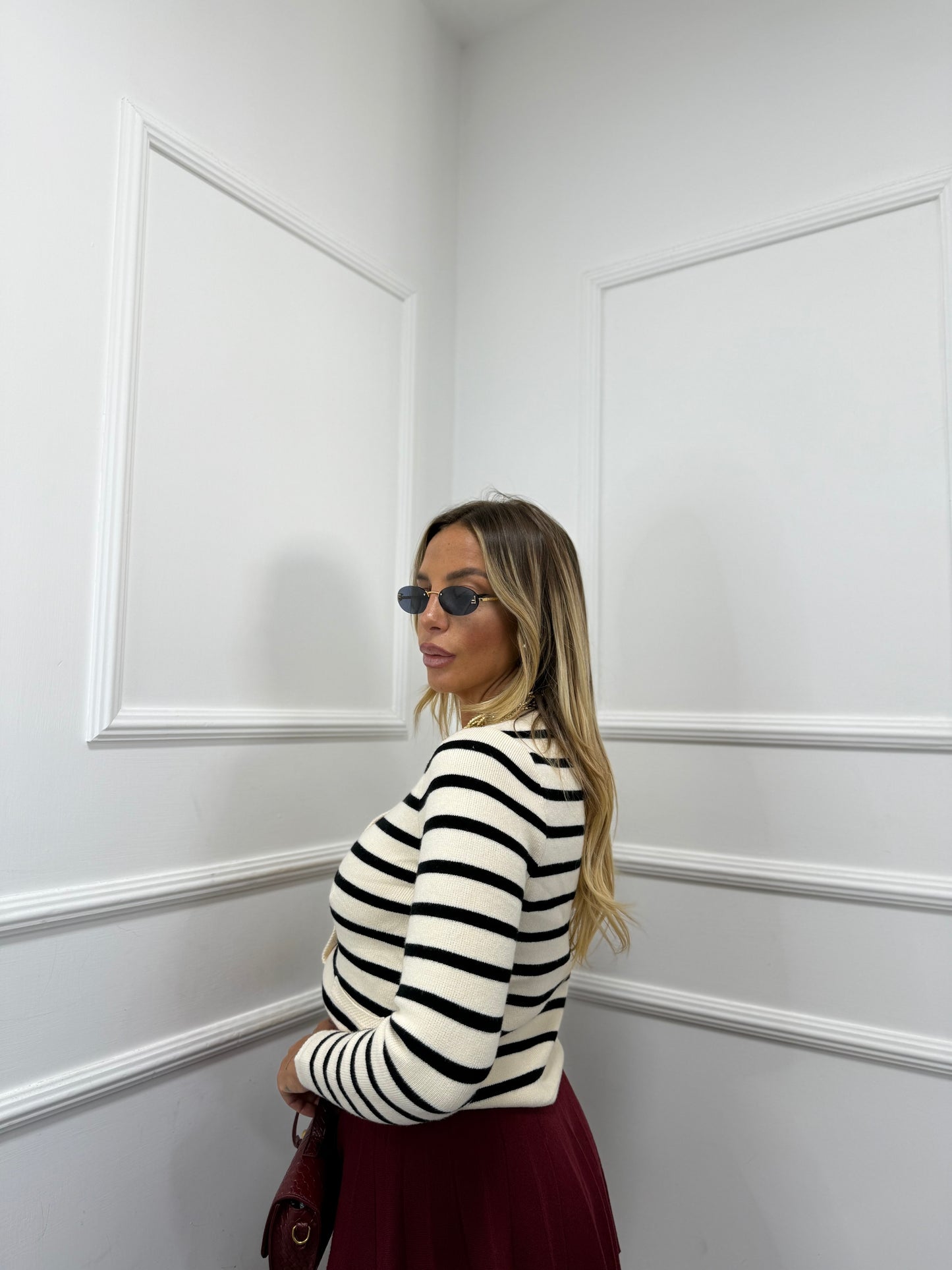 Cardigan lana rasata Bon Ton panna/nero zs8123