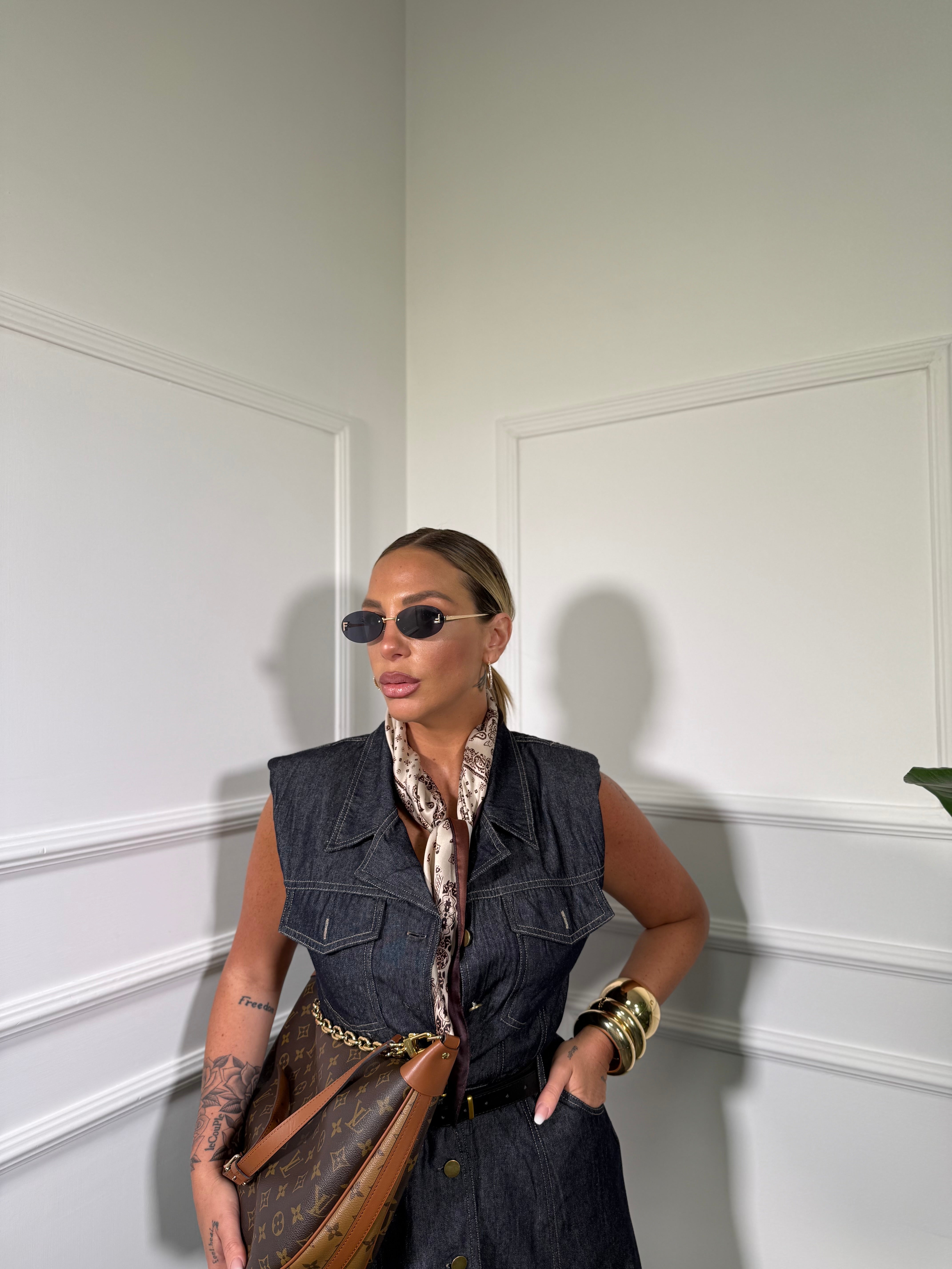 Abito midi in denim con cintura e spalline Nora lavaggio zero sw5047