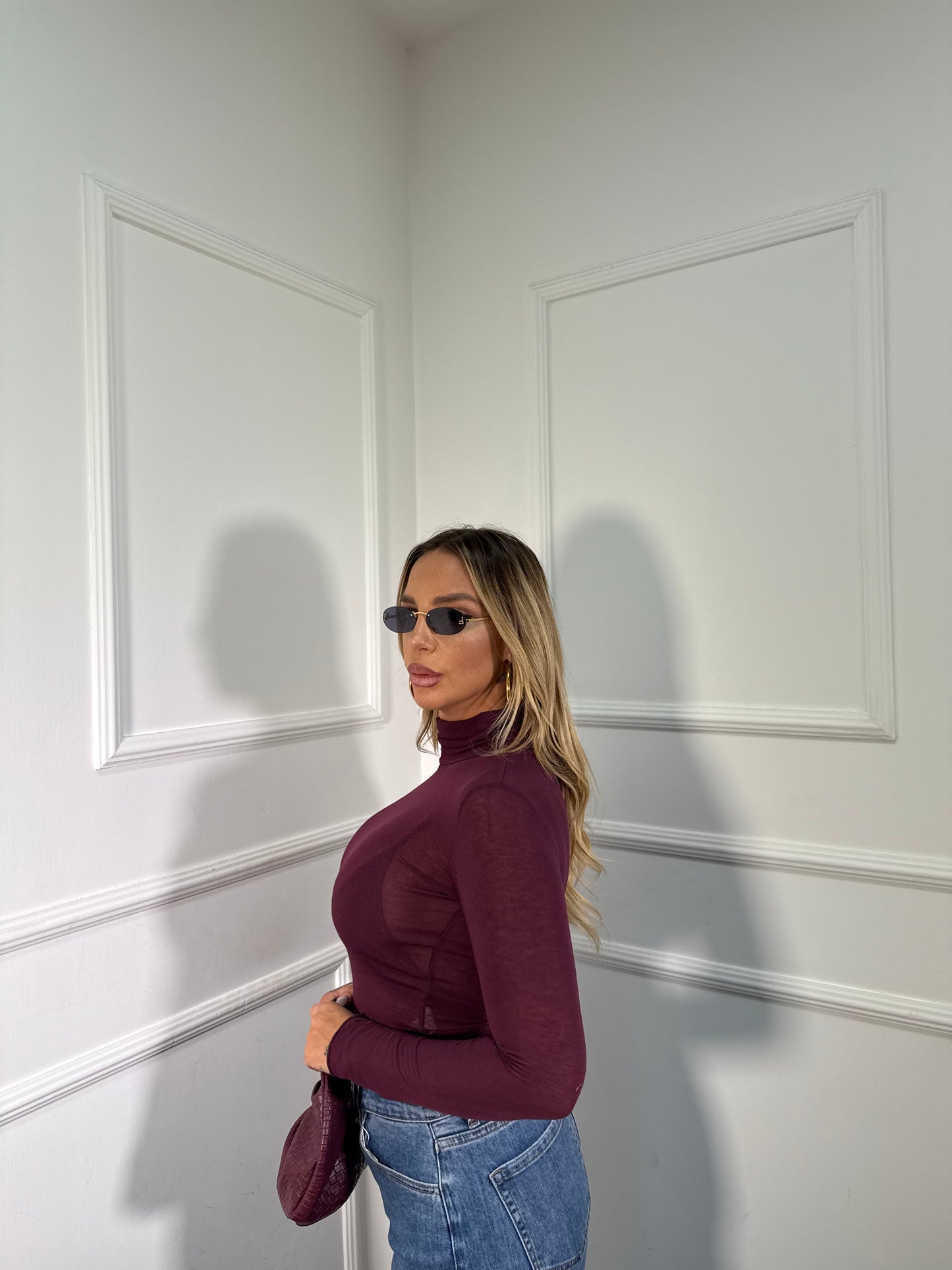 Shirt semi velata collo alto Jolly Bordeaux misto cashmere 28029