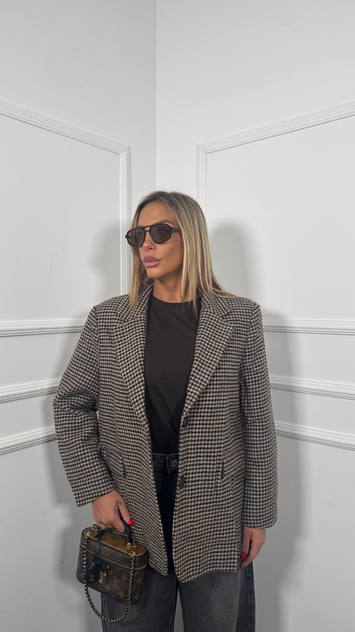 Giacca in lana cotta pied de poule Brittany taupe/marrone 80501