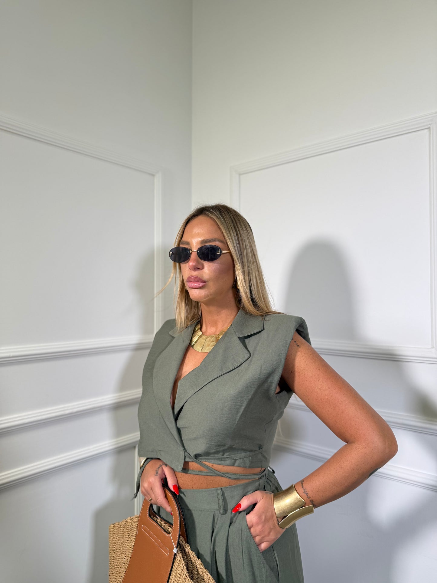 Coordinato misto lino Jeffry verde militare 6998