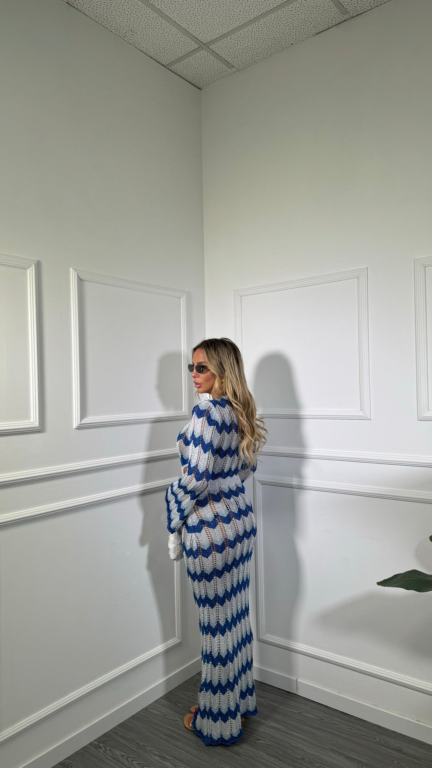 Abito lungo zig zag in lurex cut out azzurro/blu 8061