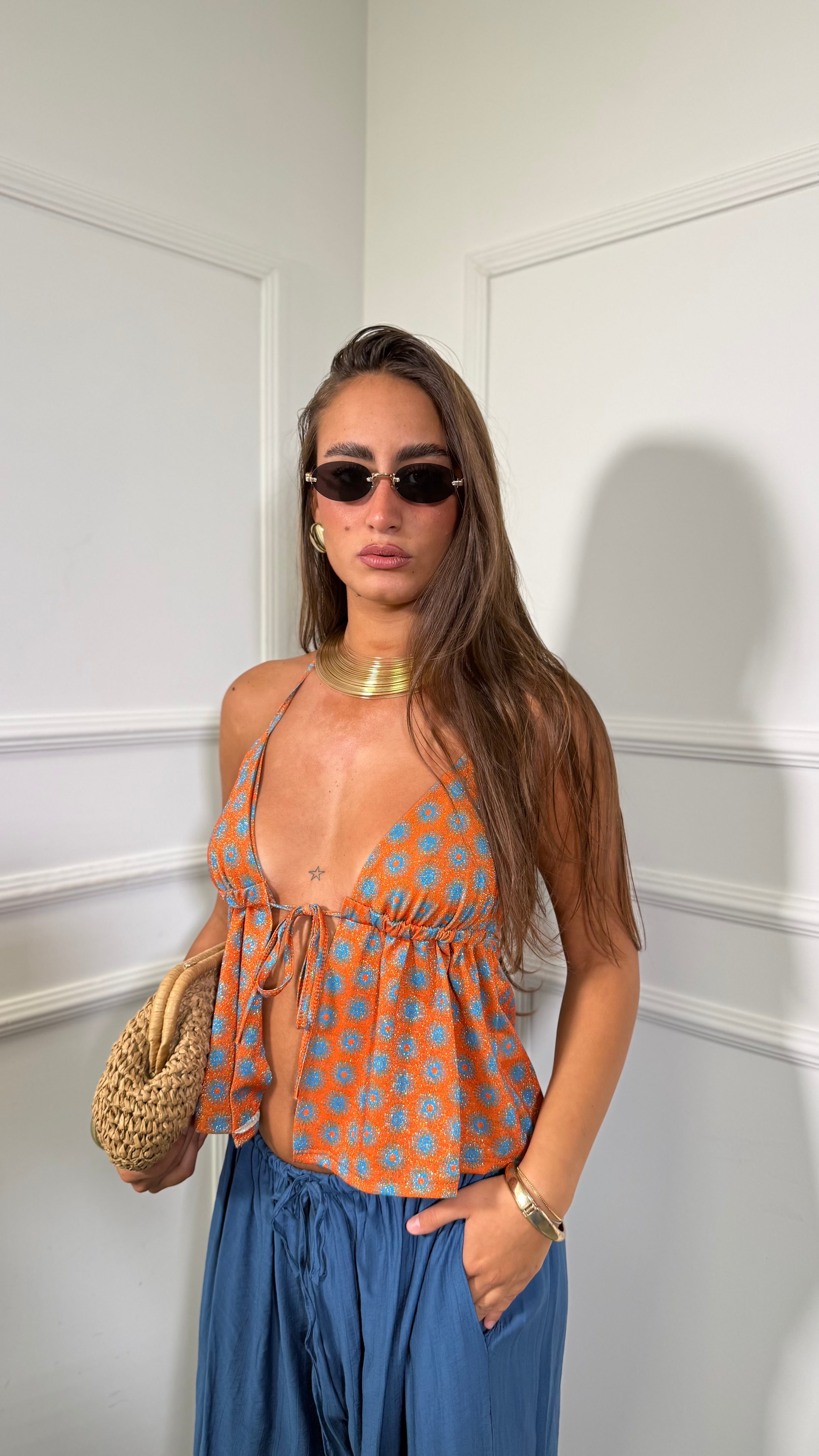 Top in lurex a fantasia Soleil arancione/azzurro