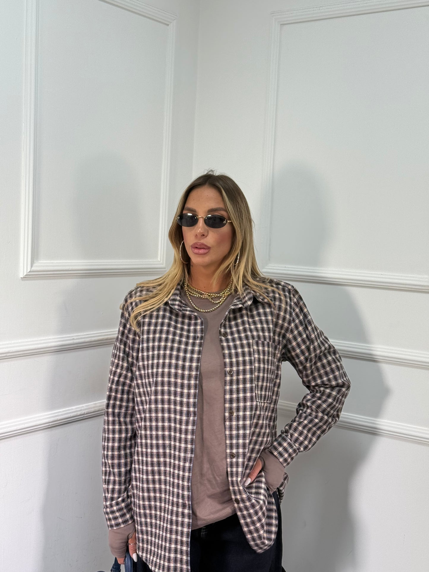 Camicia oversize in flanella con spalline Marshal cacao/azzurra 25762