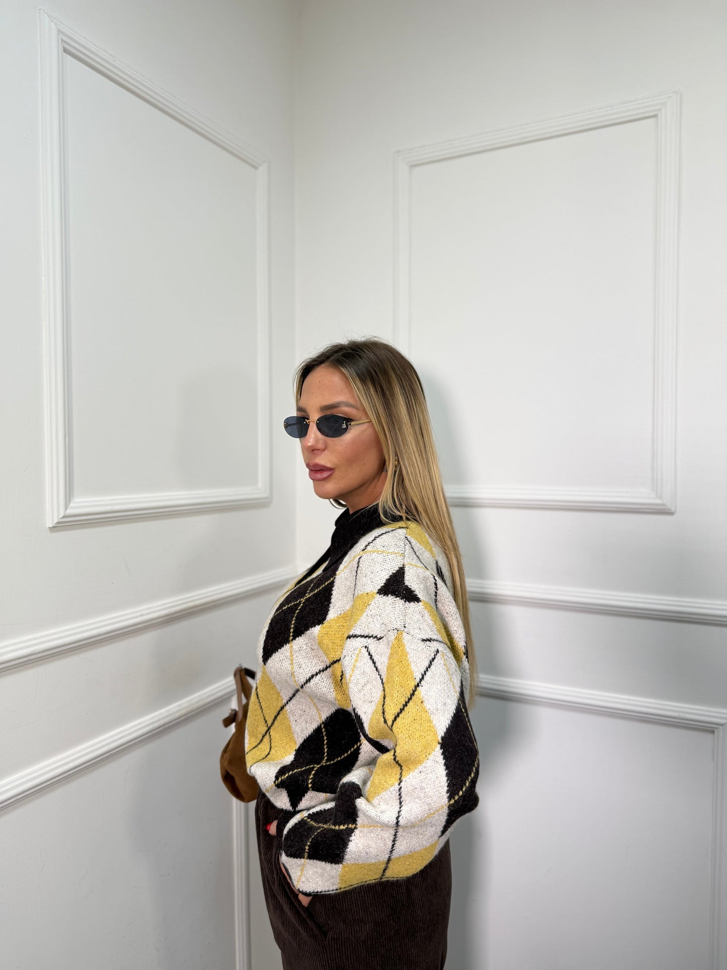 Pullover polo rombi Kelly giallo/cacao yhc7234