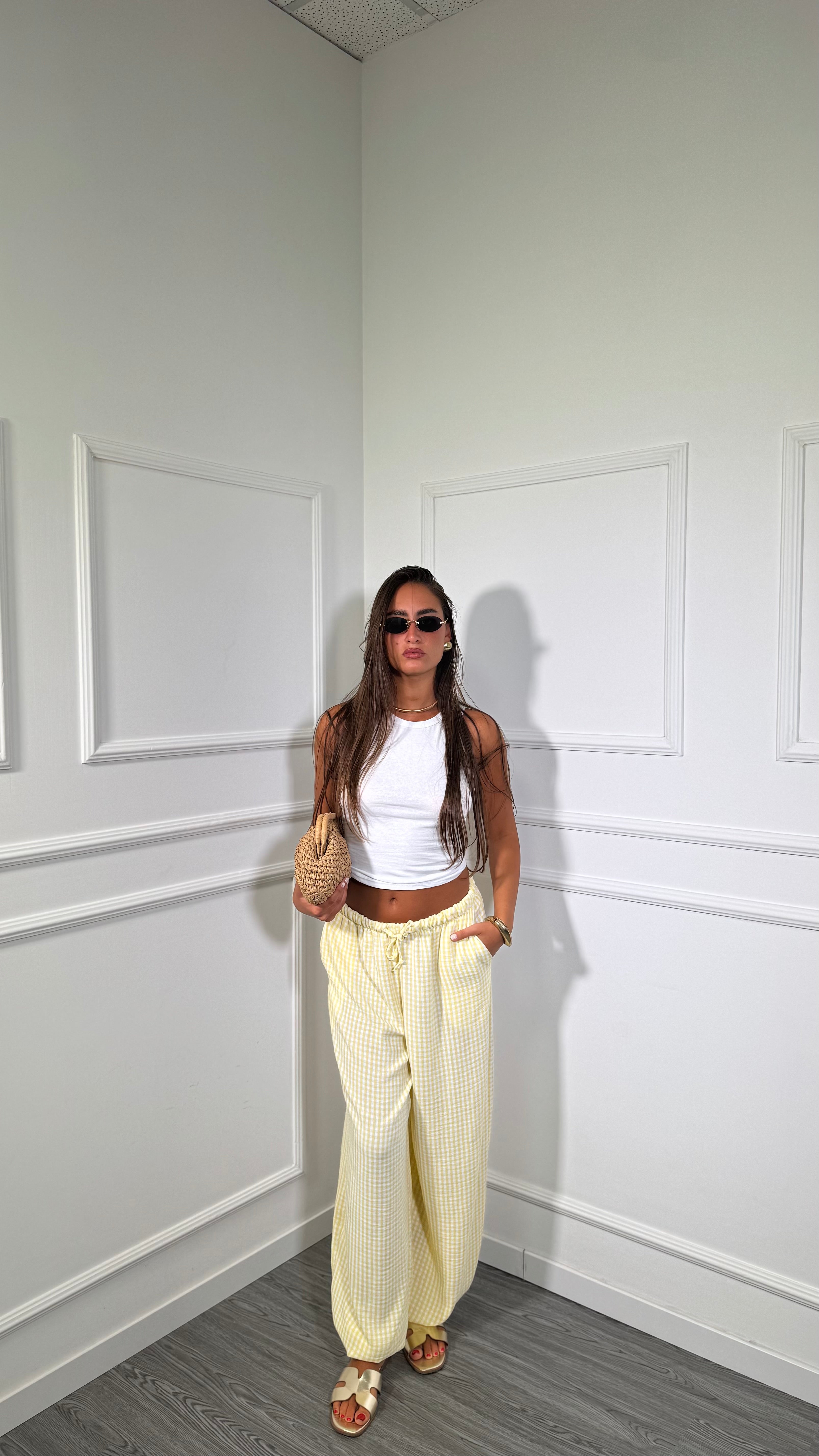 Pantaloni balloon a quadretti Yara giallo 6651