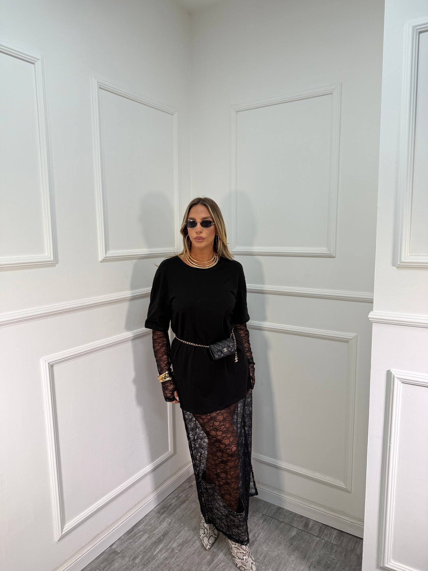 Maxi Abito in pizzo Morgan nero a108251