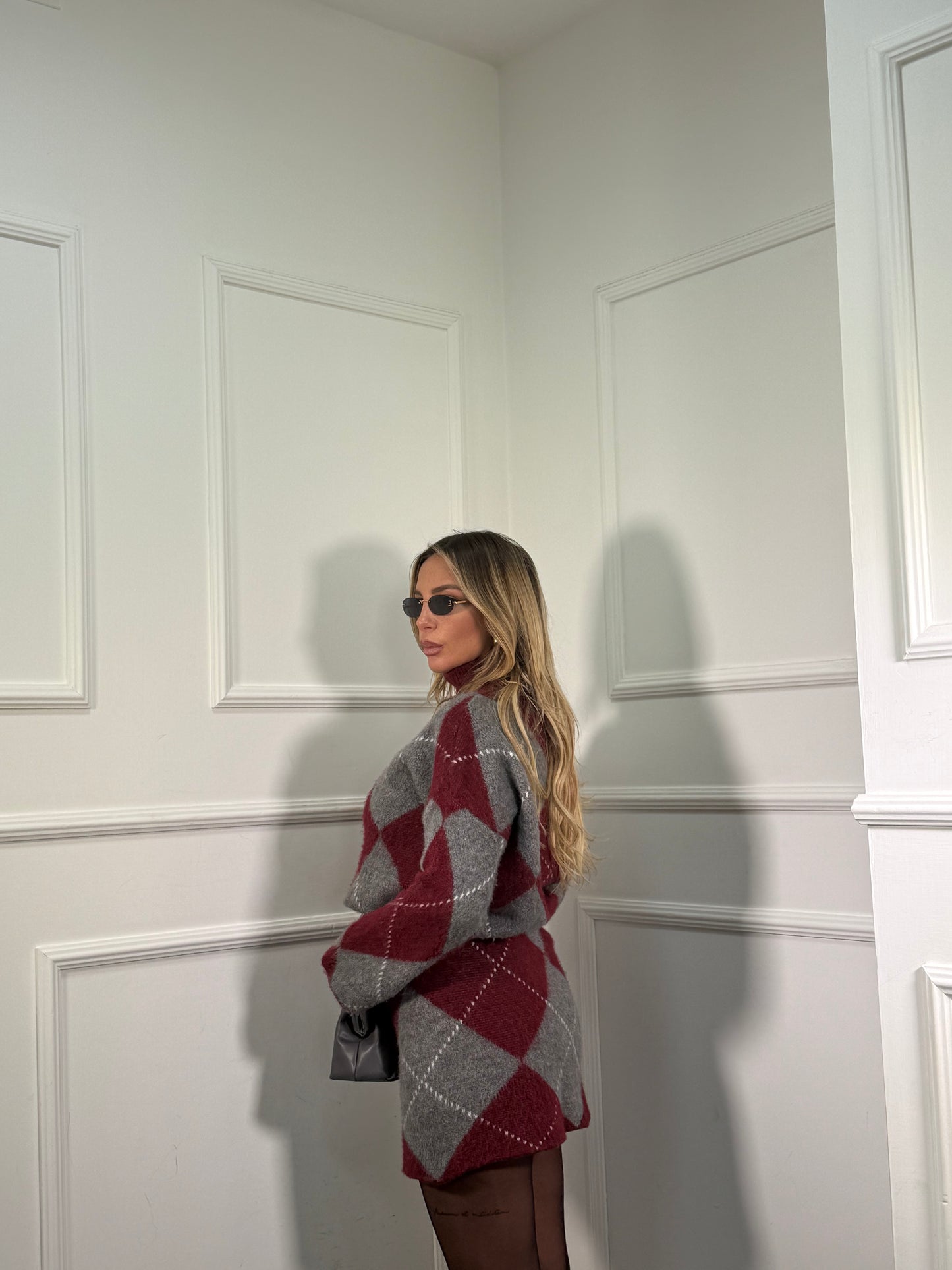 Coordinato rombi in lana cotta Joy bordeaux/grigio