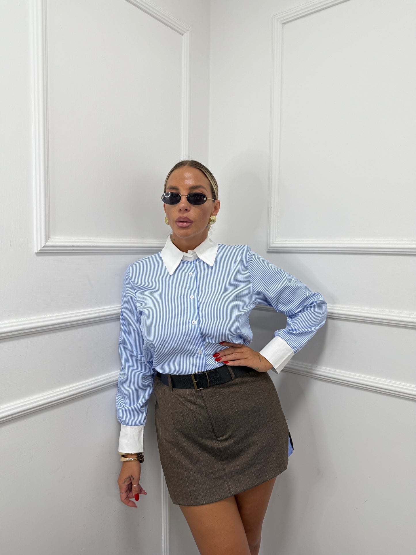 Camicia Crop a righe bianca e azzurra 9734