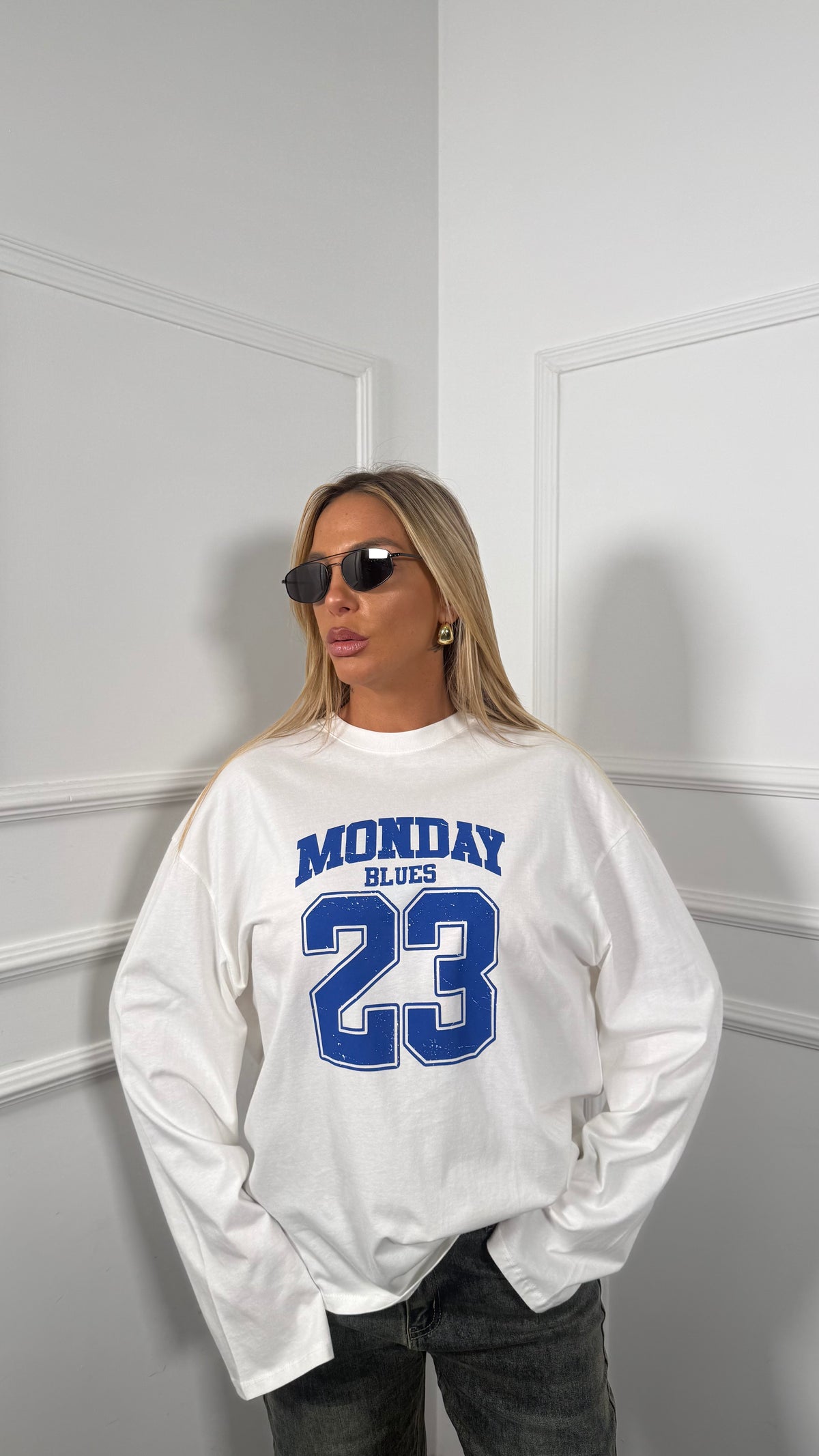 Shirt in cotone manica svasata by lumina Monday blu/bianca