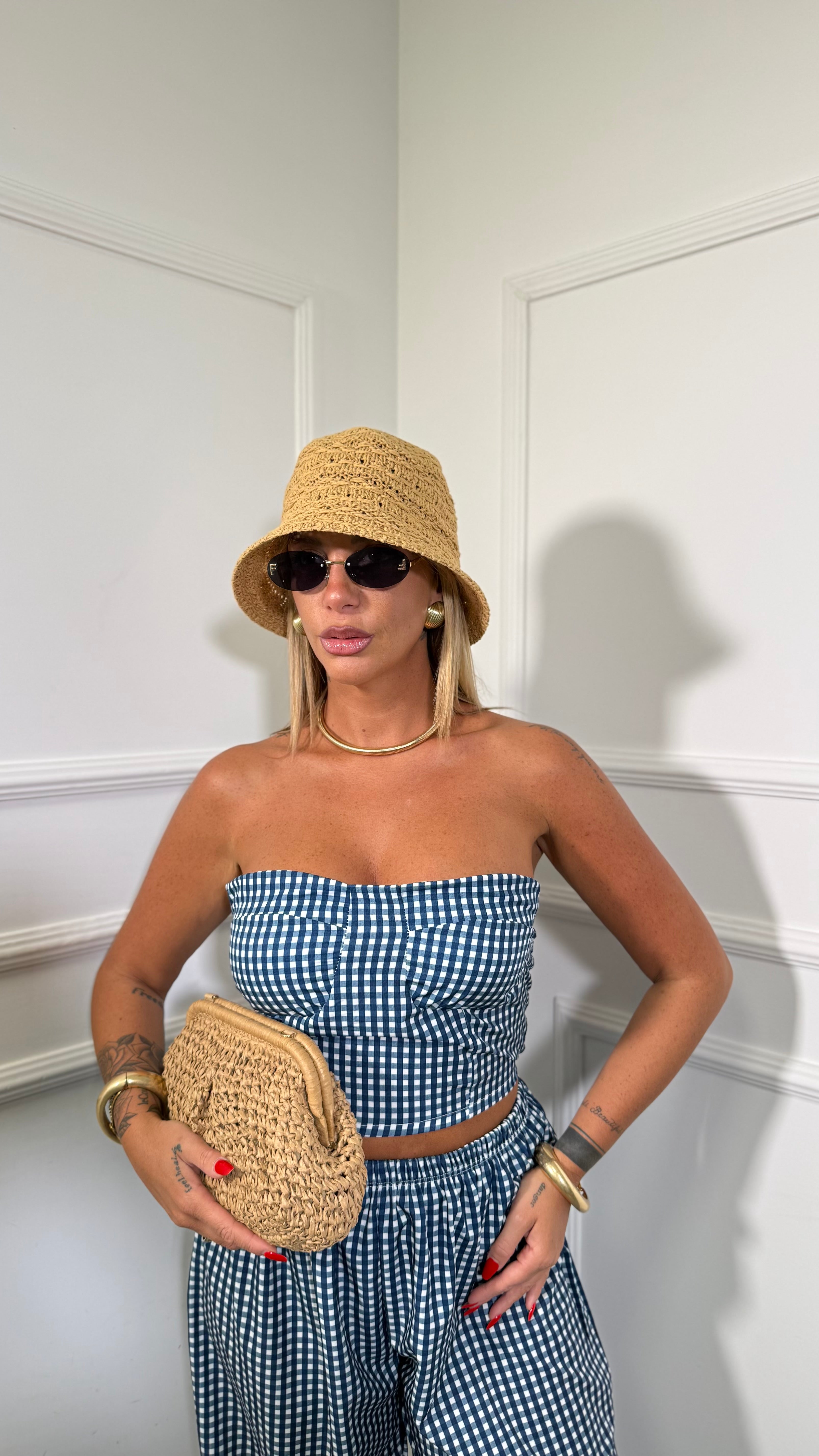 Coordinato a quadretti con top a fascia Mirea blu