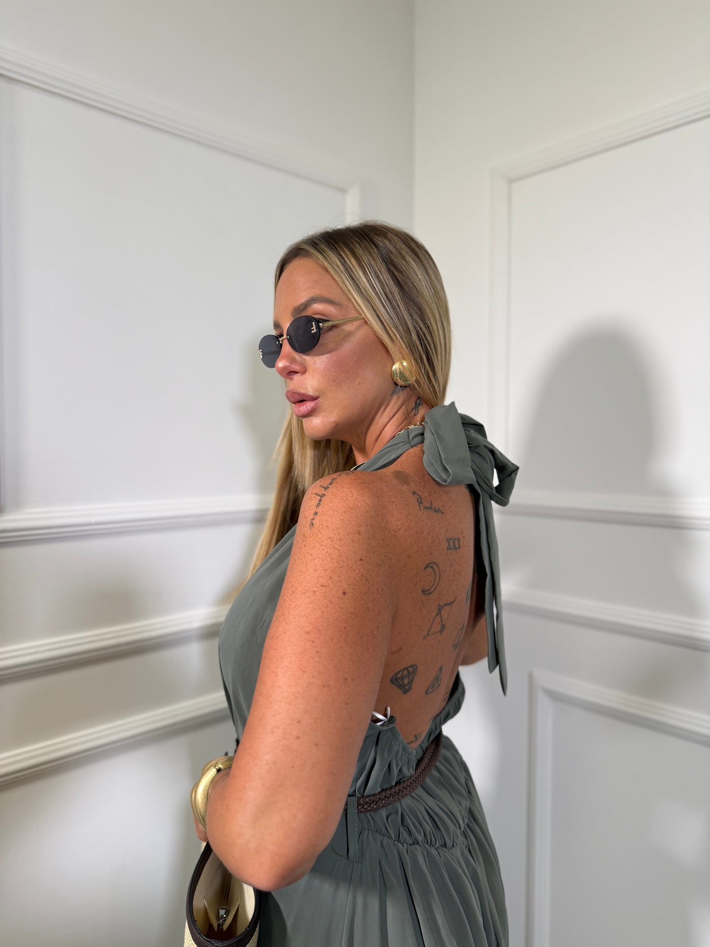Jumpsuit palazzo 7/8 in viscosa con cintura (CURVY) verde militare in977807