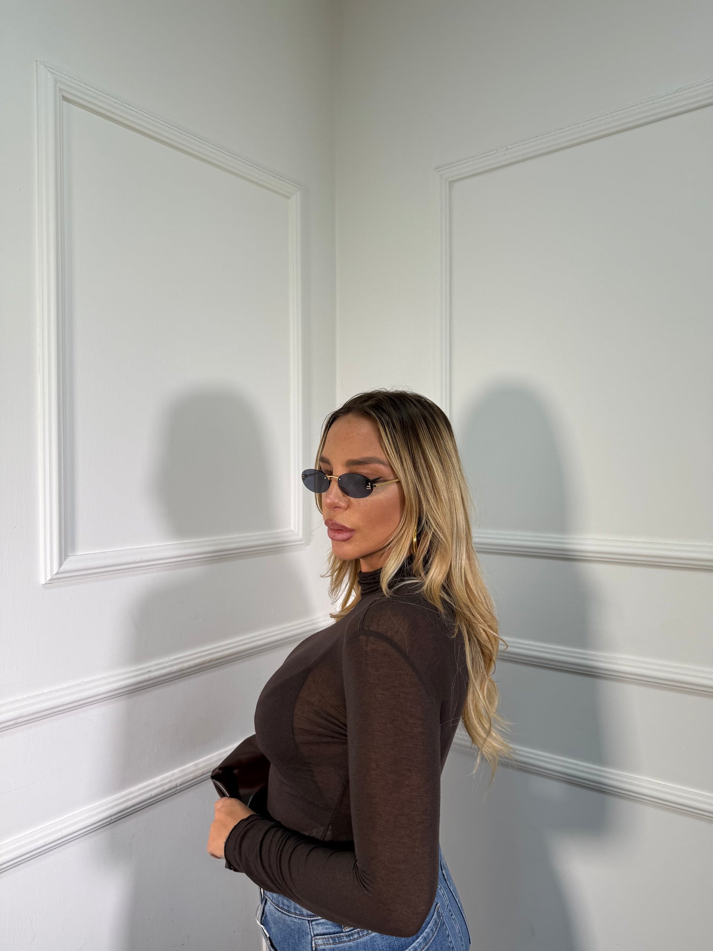 Shirt semi velata collo alto Jolly cioccolato misto cashmere 28029