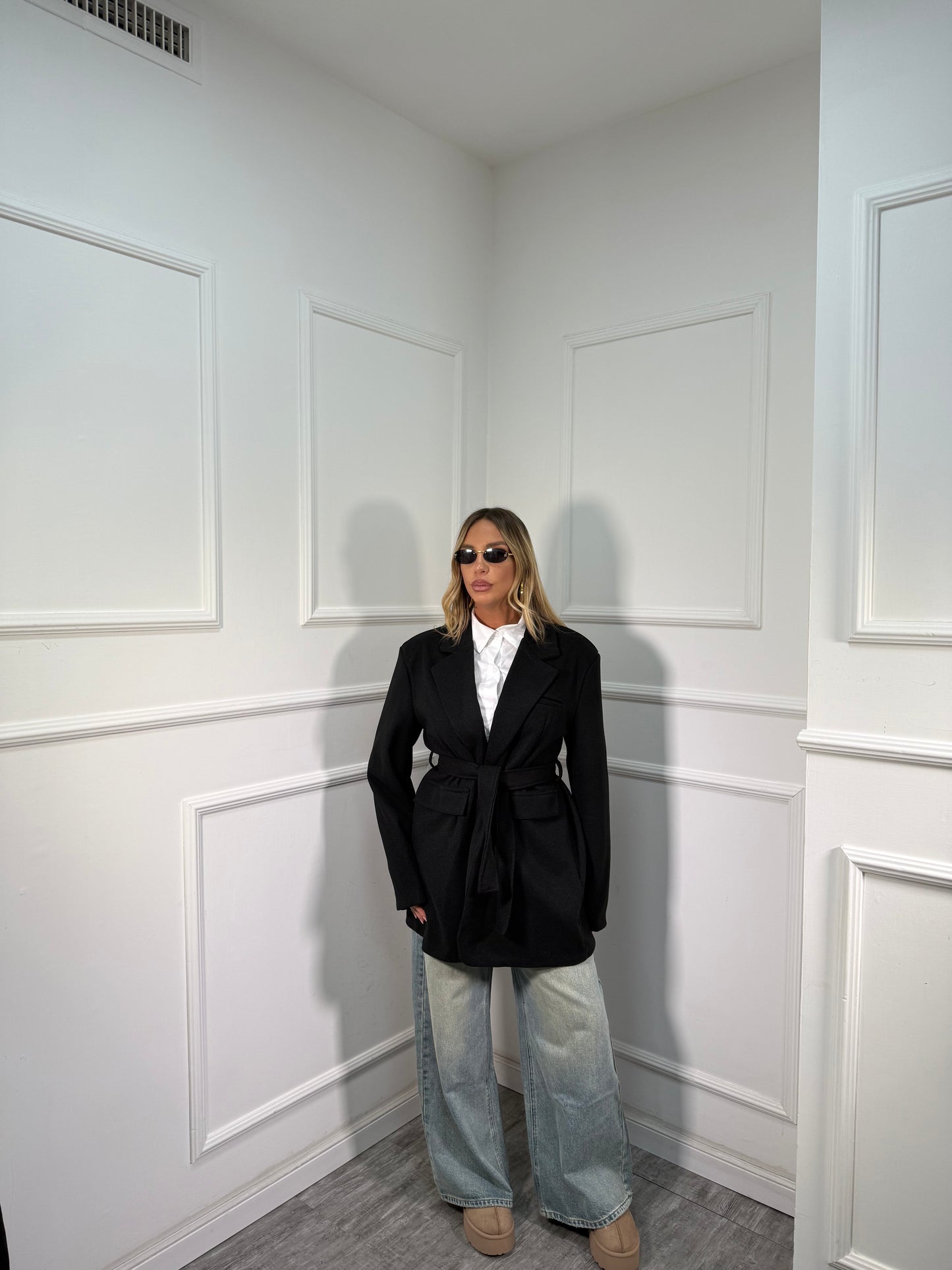 Blazer coat in panno con fusciacca nero 88815