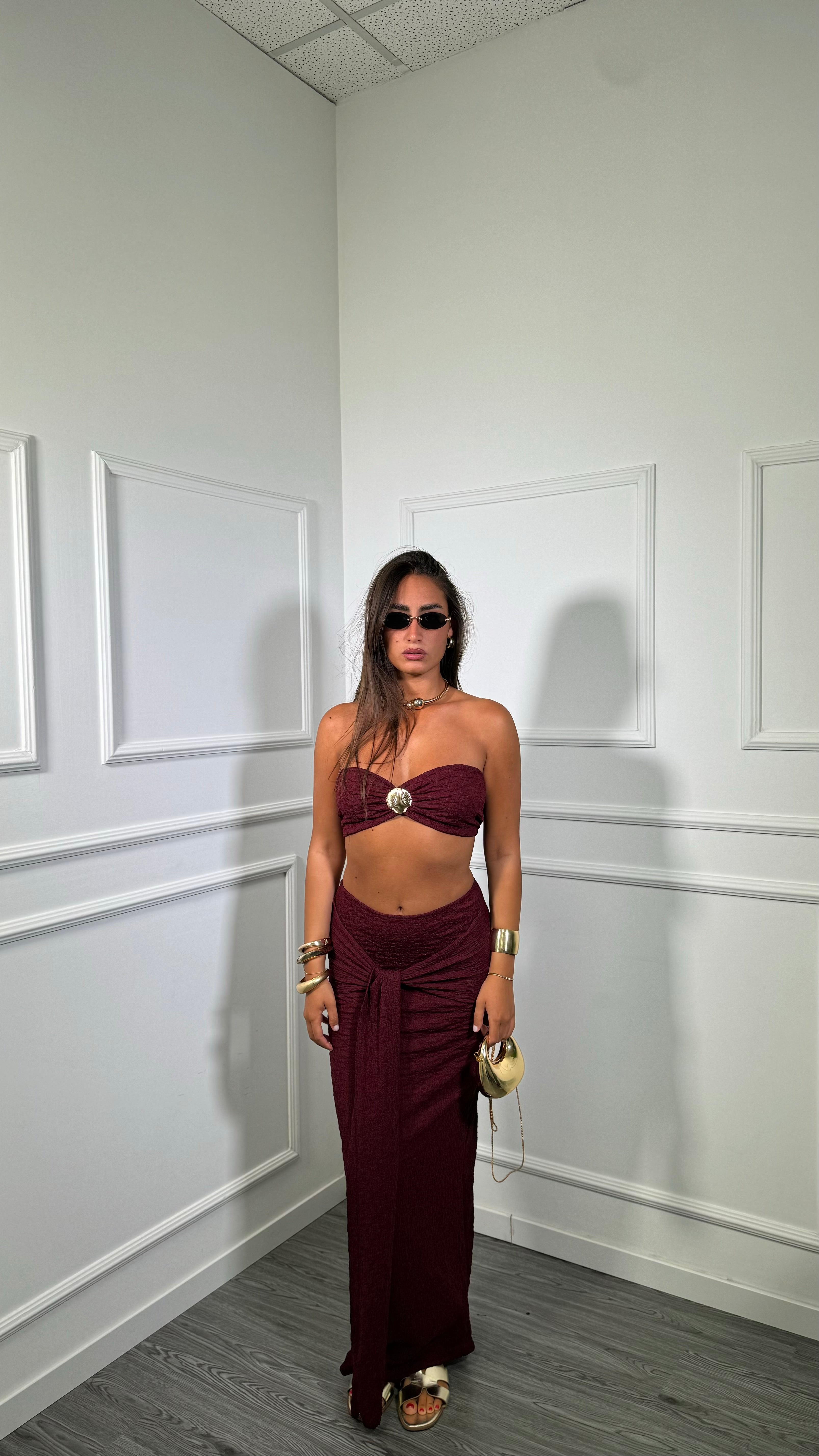 Coordinato nido d’ape con conchiglia Soledad bordeaux 54810
