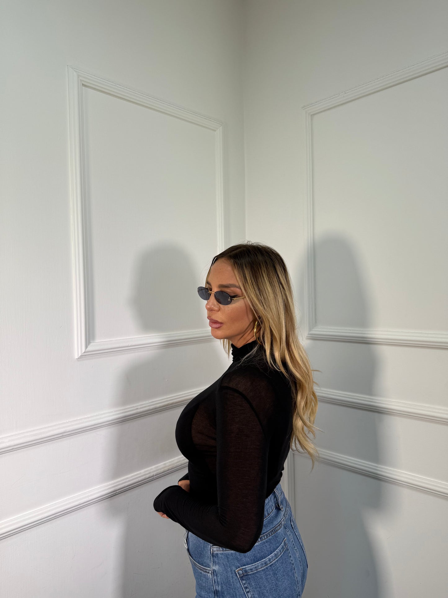 Shirt semi velata collo alto Jolly nera misto cashmere 28029