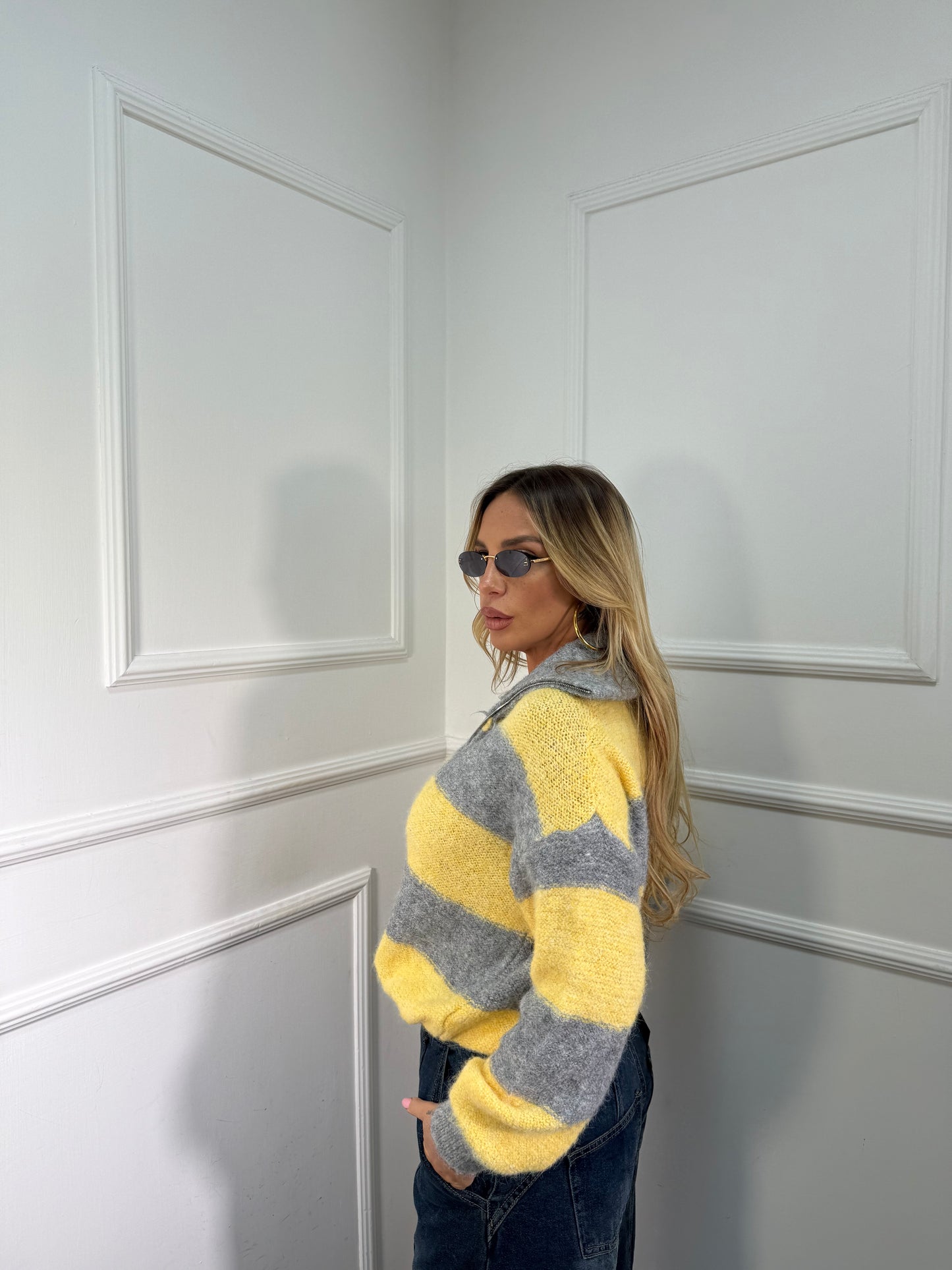 Maglioncino con zip misto lana giallo/grigio 51201