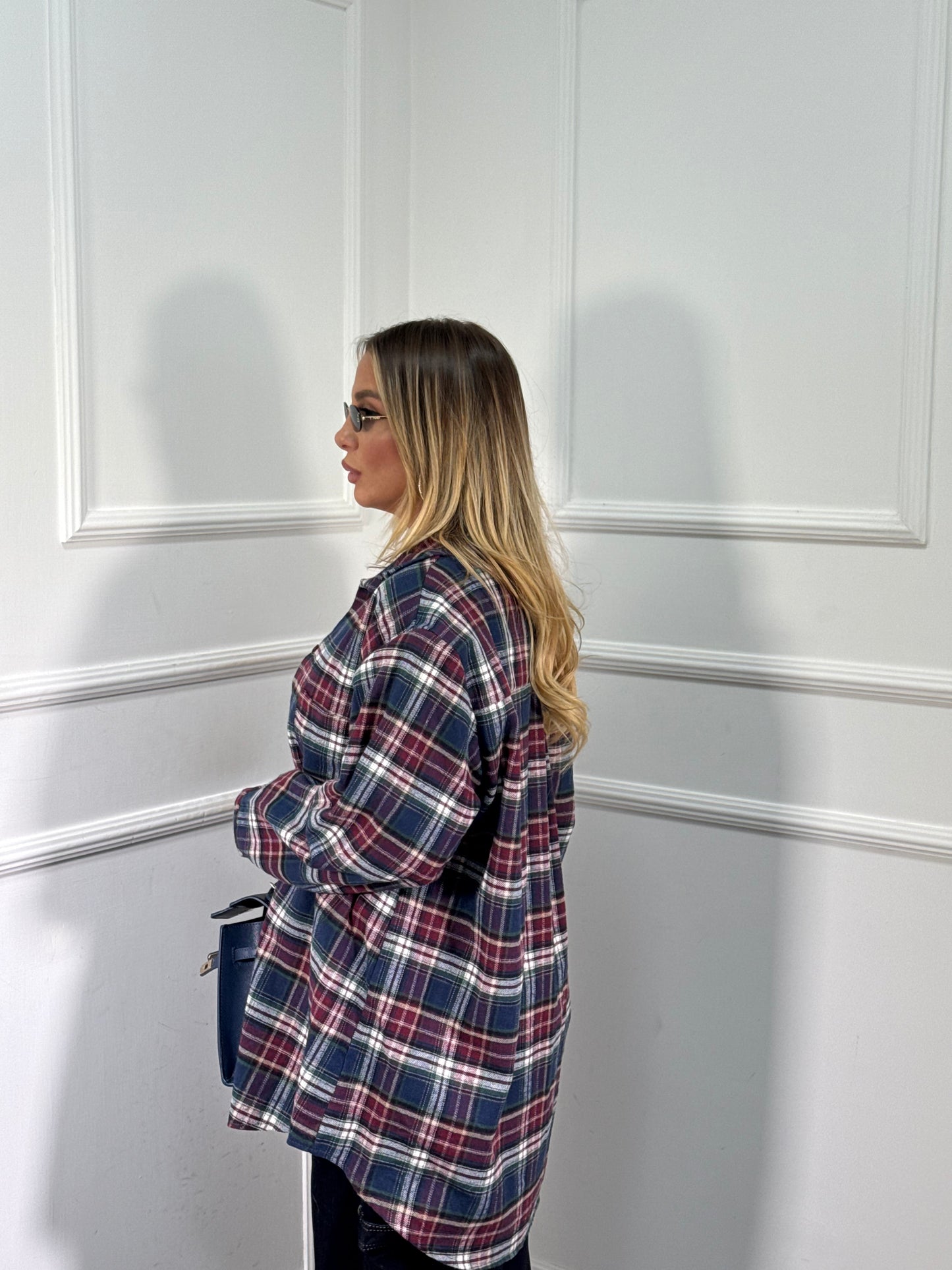 Camicia oversize in flanella con spalline Marshal blu/bordeaux 25765