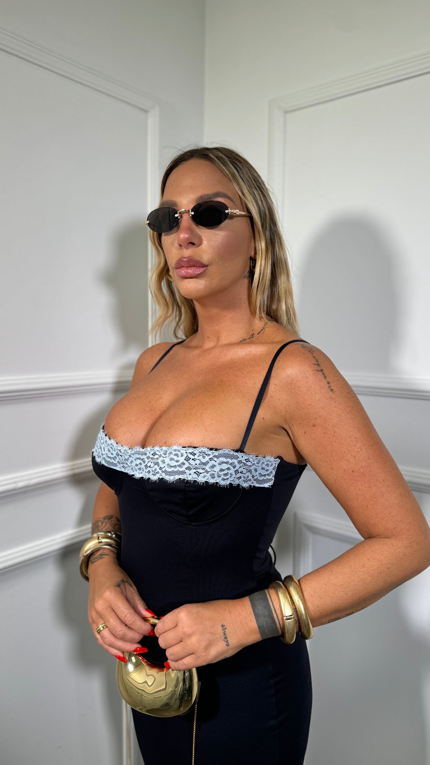 Abito lungo in lycra con pizzo Kendra blu notte