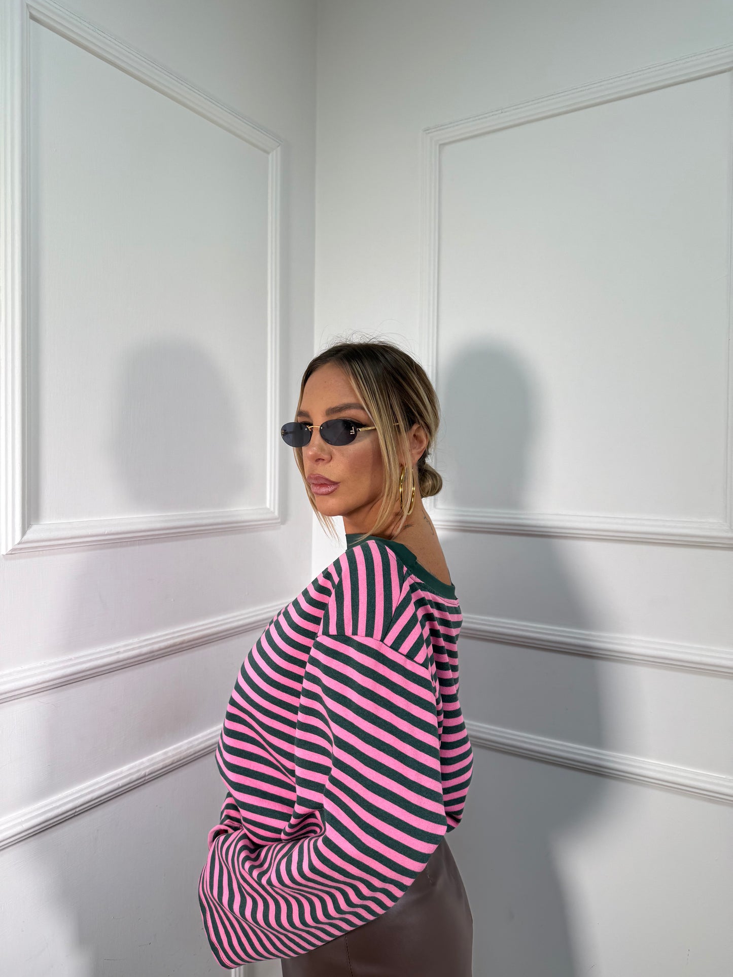 Shirt in cotone garzato manica campana Cindy verde/rosa f1109