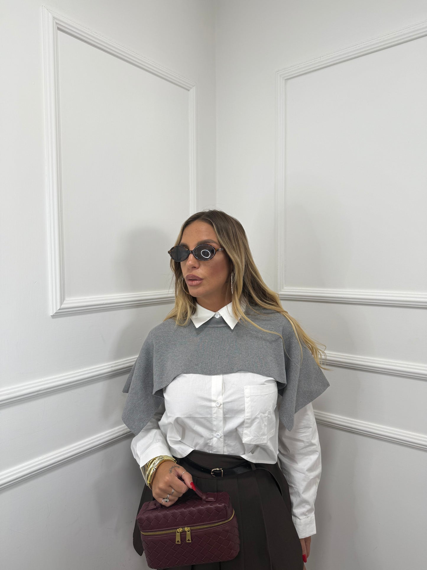 Camicia con mantellina in lana pettinata bianca/grigia by monique 7829