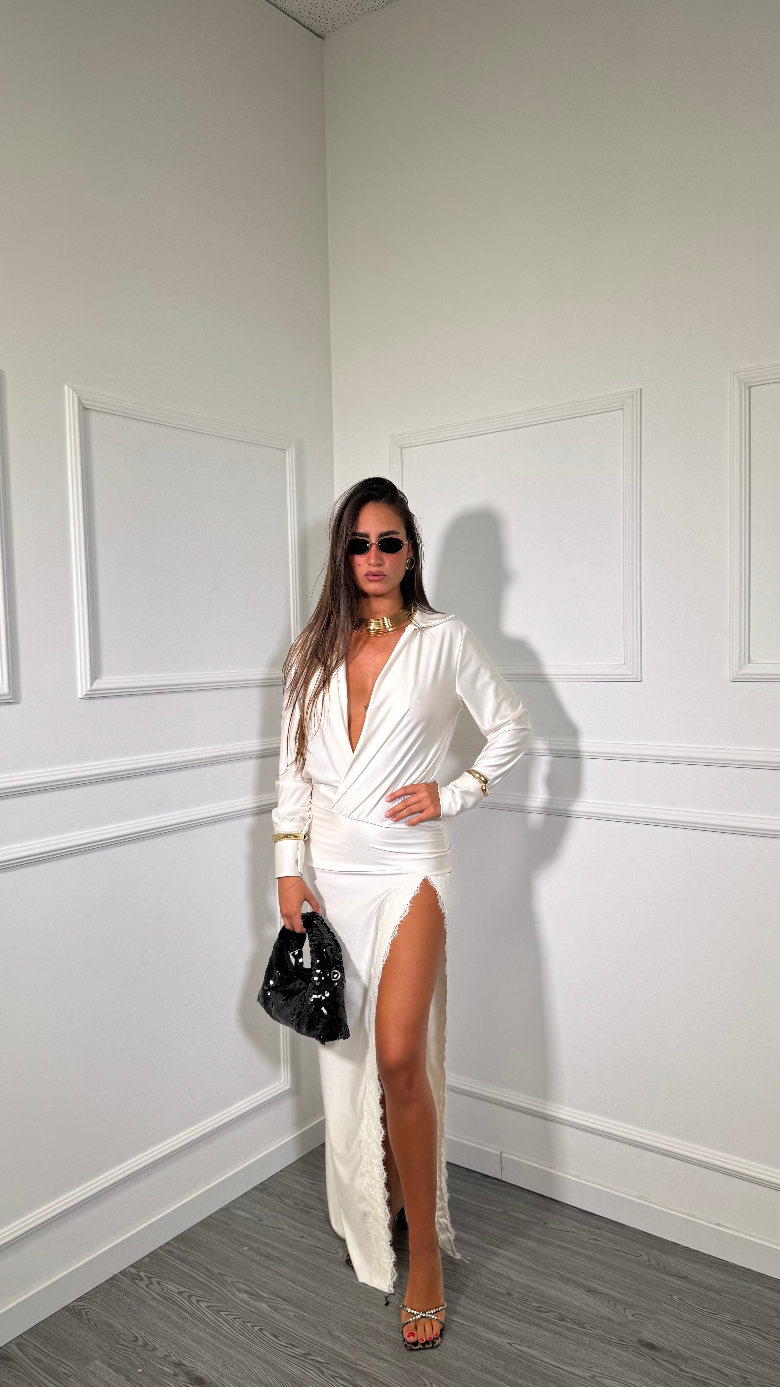 Abito lungo in lycra con spacco in pizzo Eva panna 760741