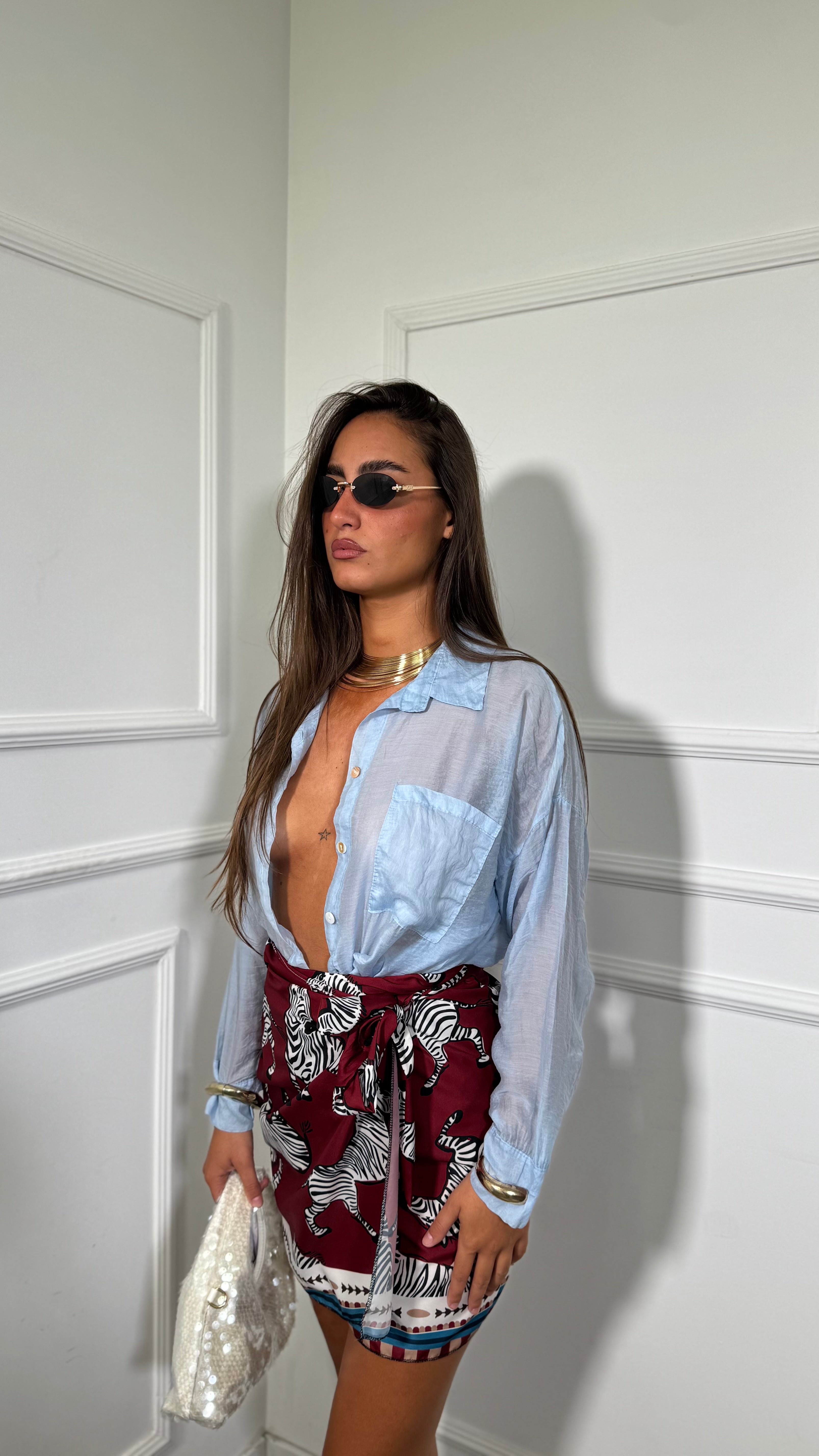 Camicia misto lino velata azzurro pastello 25135