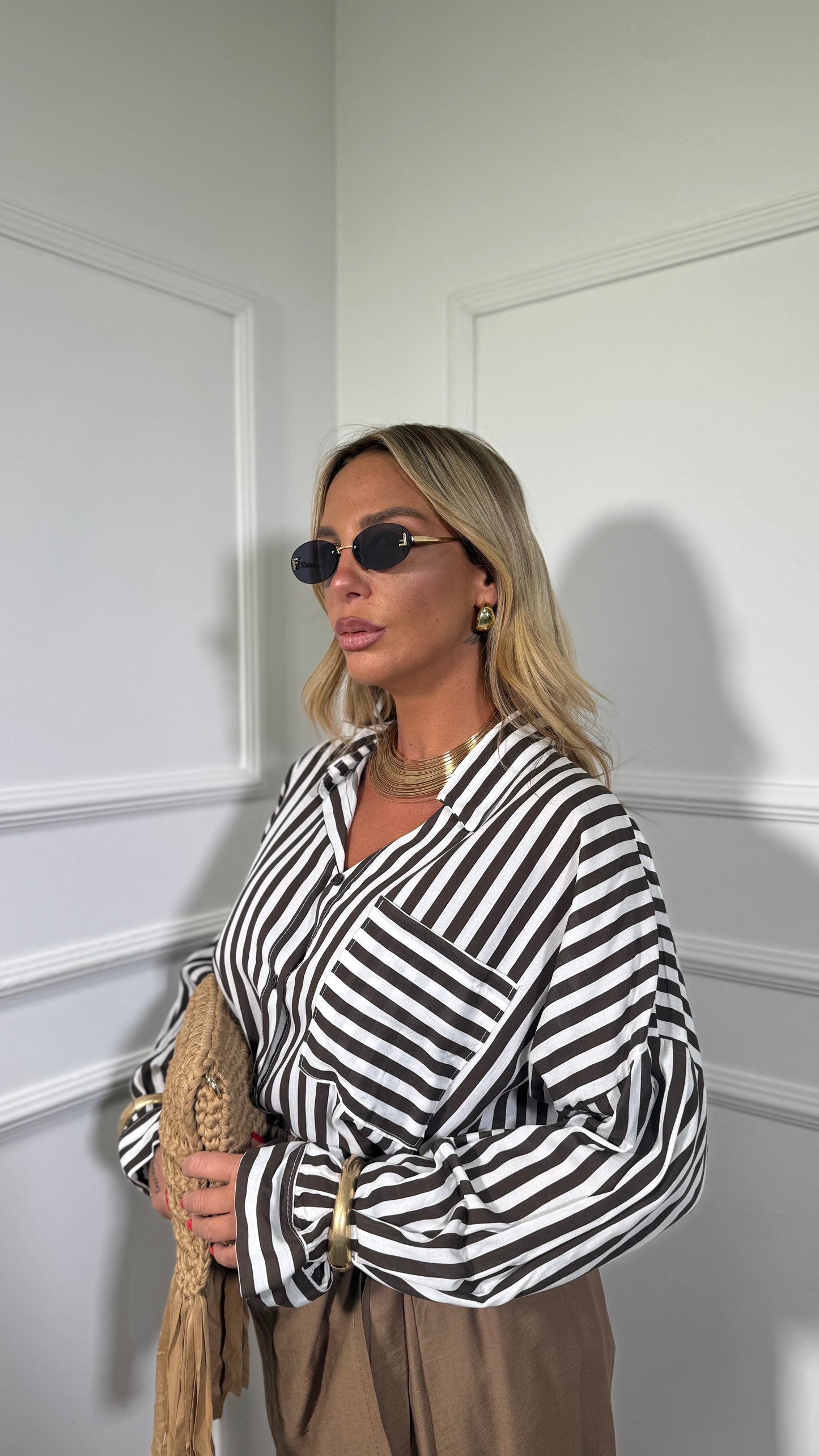 Camicia oversize curvy a righe Locker marrone/bianco