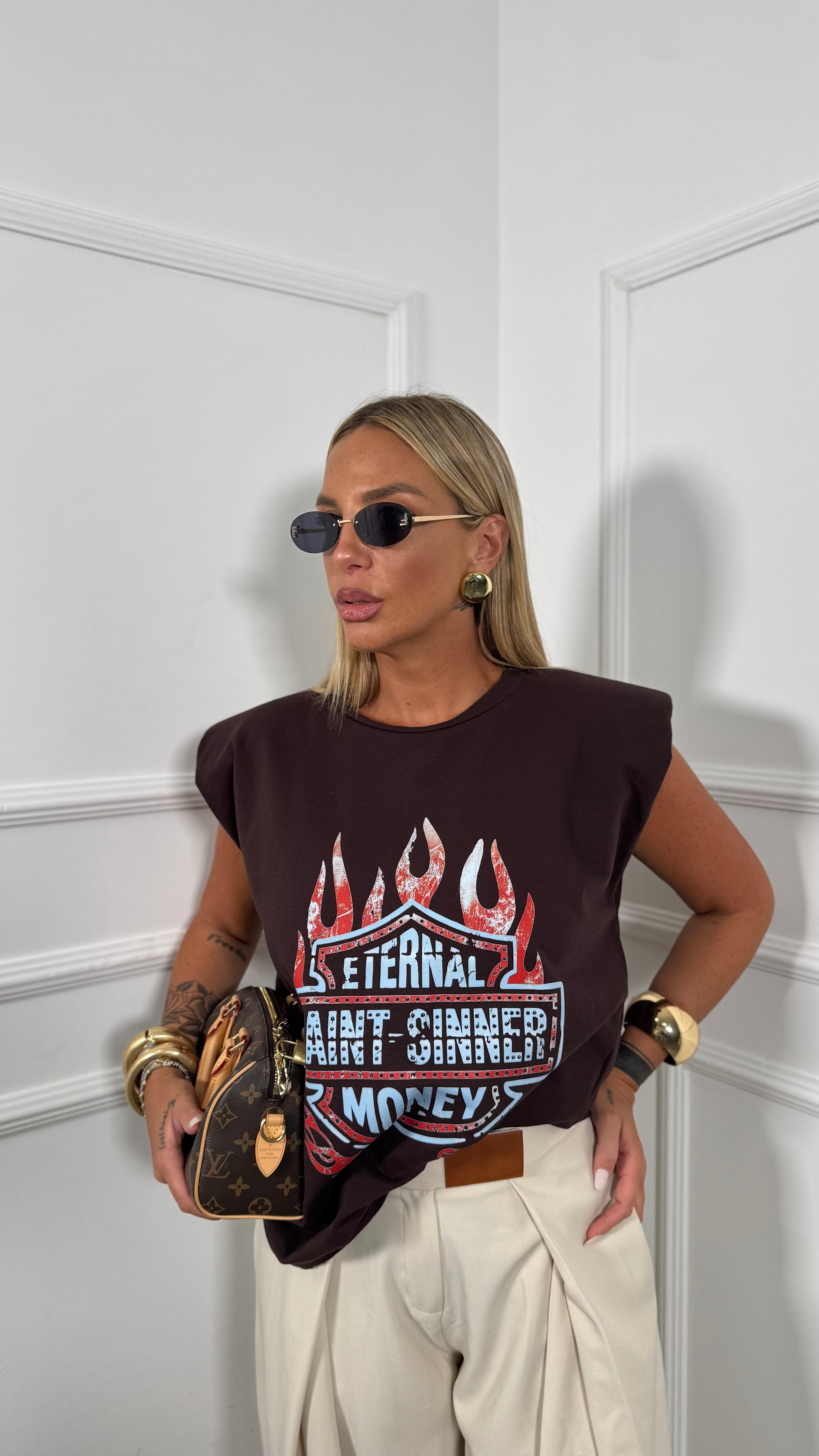 Felpa giromanica oversize con spalline Saint Sinner marrone 99100