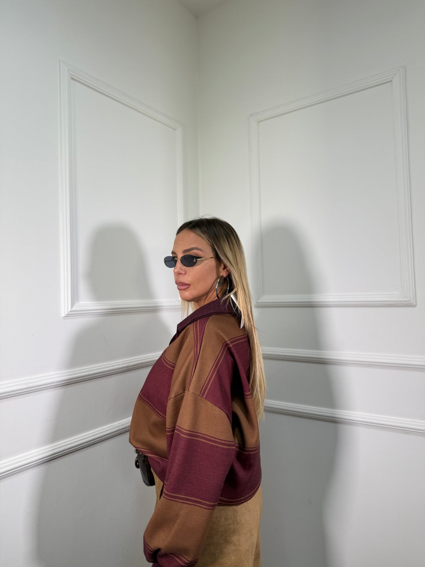 Felpa polo in pile bordeaux/camel Janet 60672