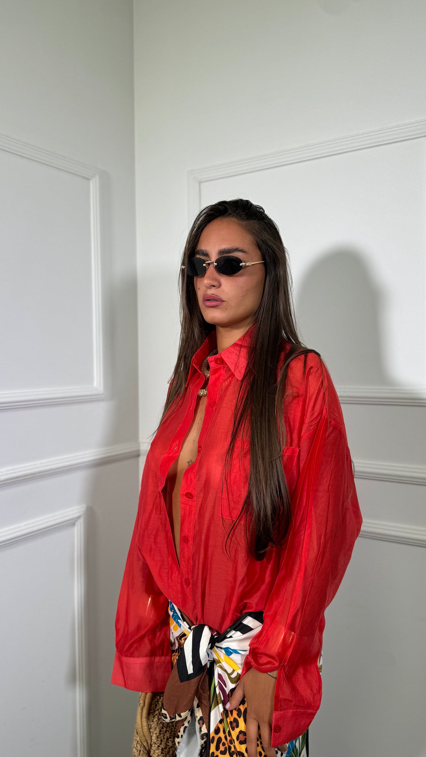 Camicia semi velata con taschino Flayr rosso corallo 6808