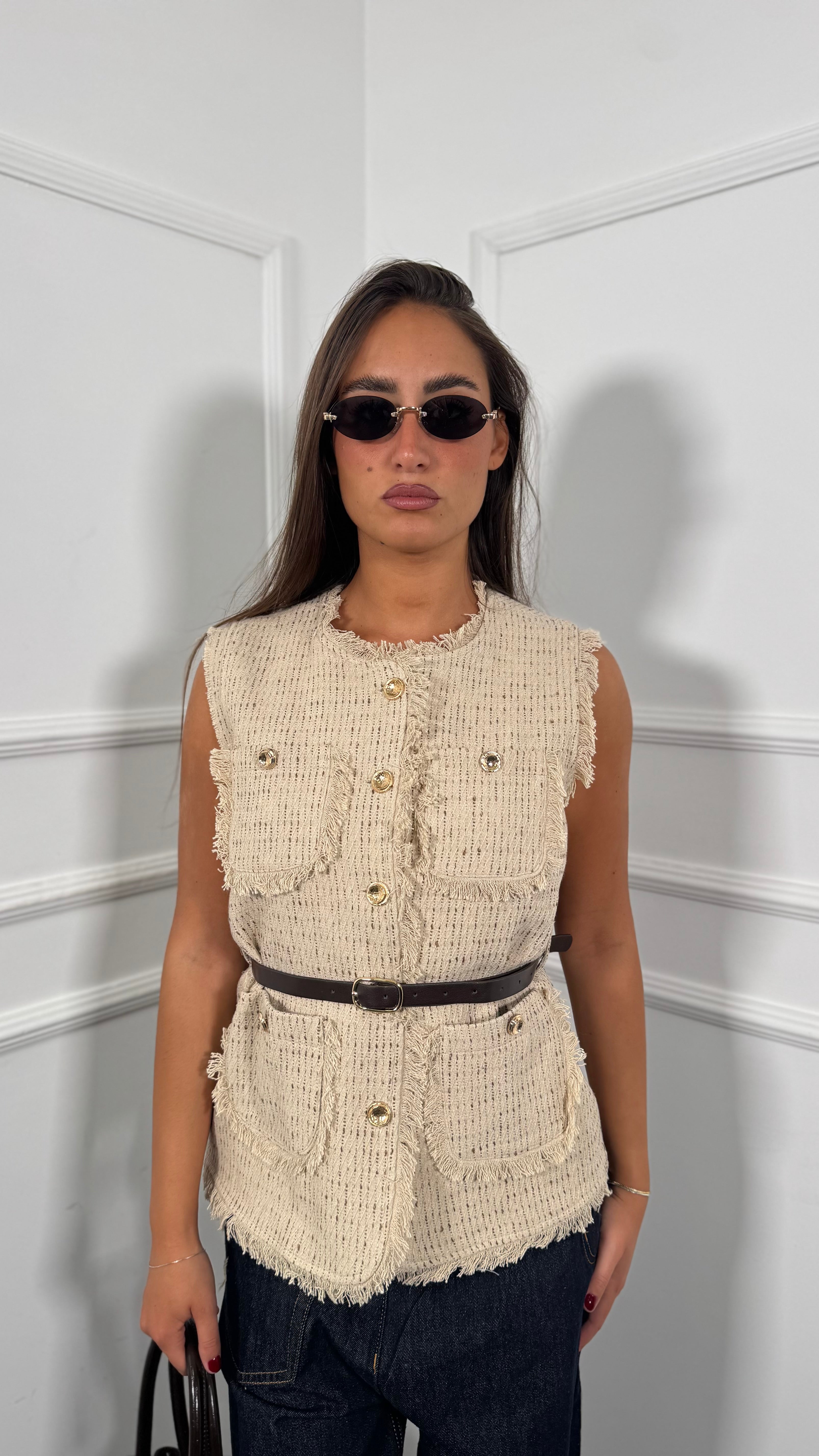 Gilet in tweed con cinturino Cocó beige hs80164