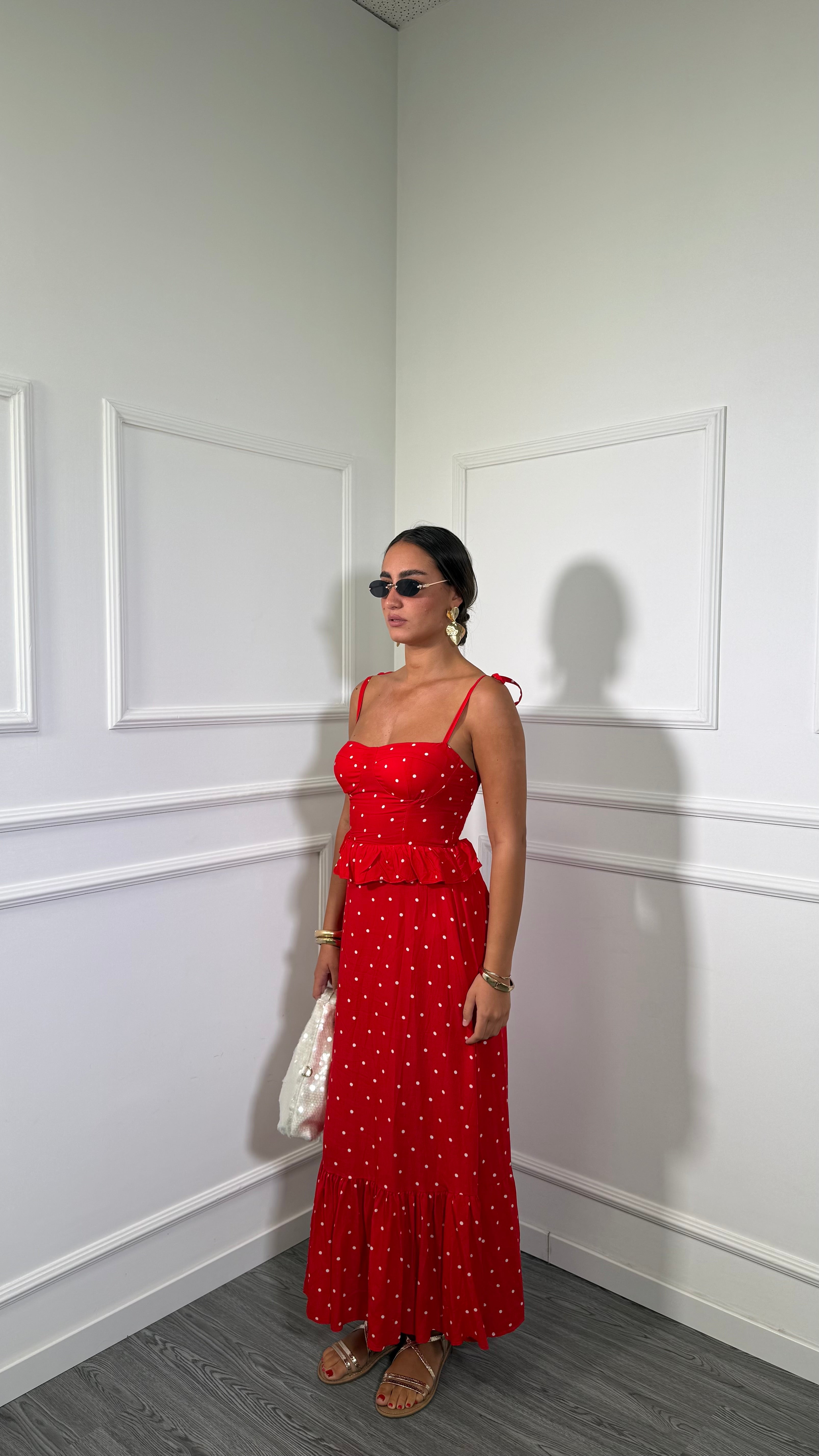 Abito lungo in viscosa a pois Bernadette rosso 708888