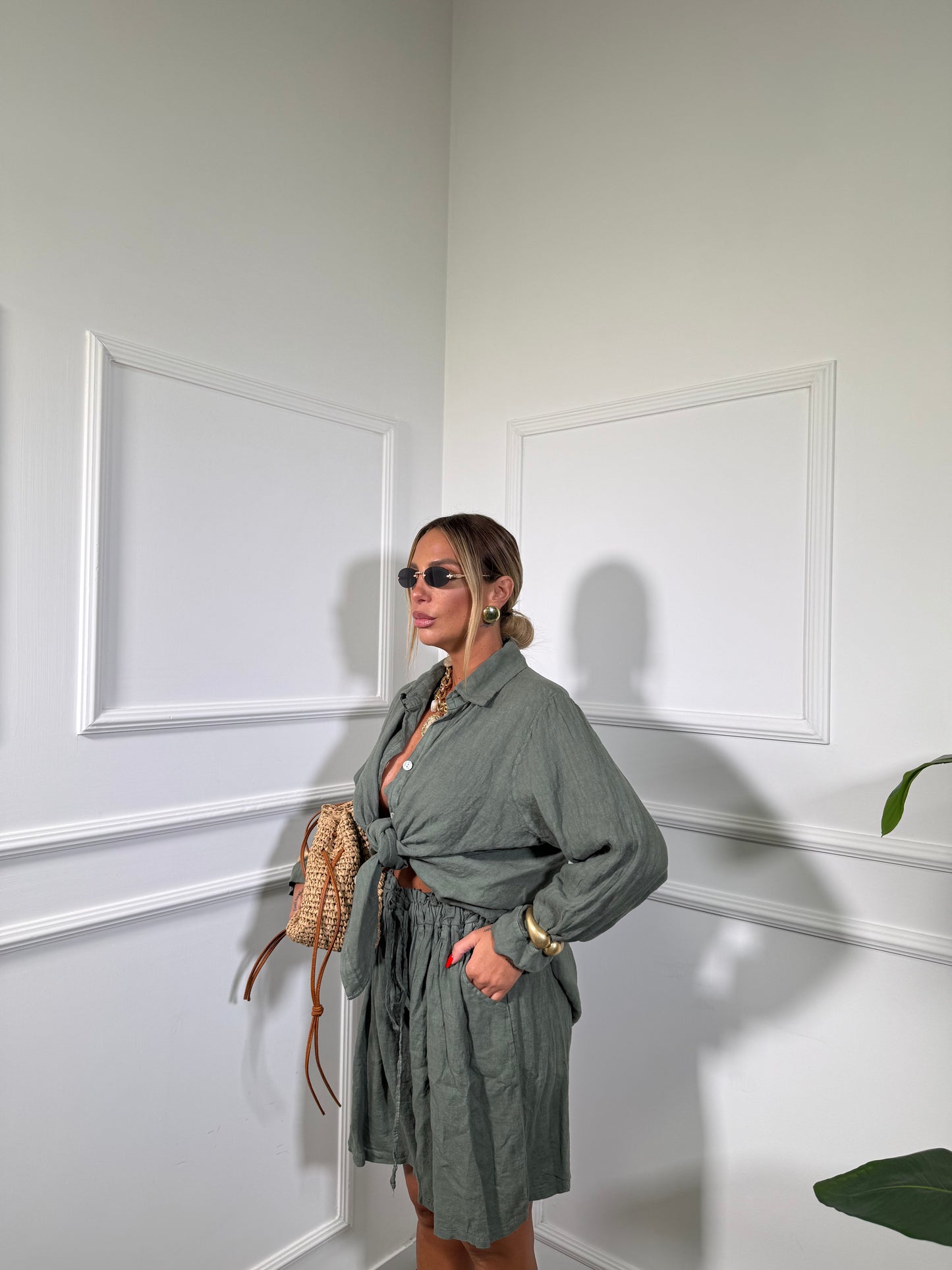 Coordinato 100% lino con bermuda Kozumel (curvy) verde militare 25256