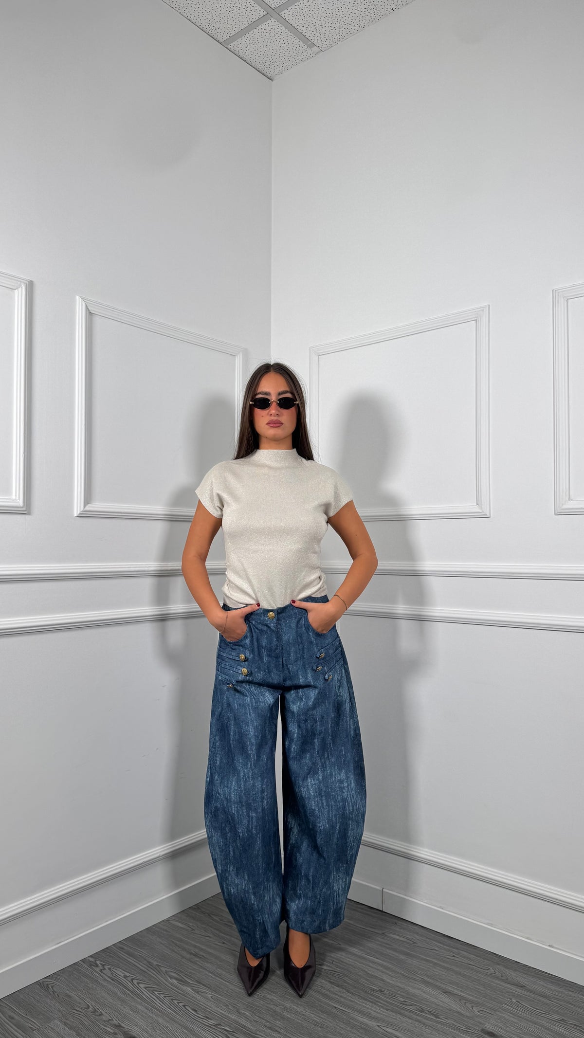 Jeans balloon effetto slavato con bottoni blue denim hp10697