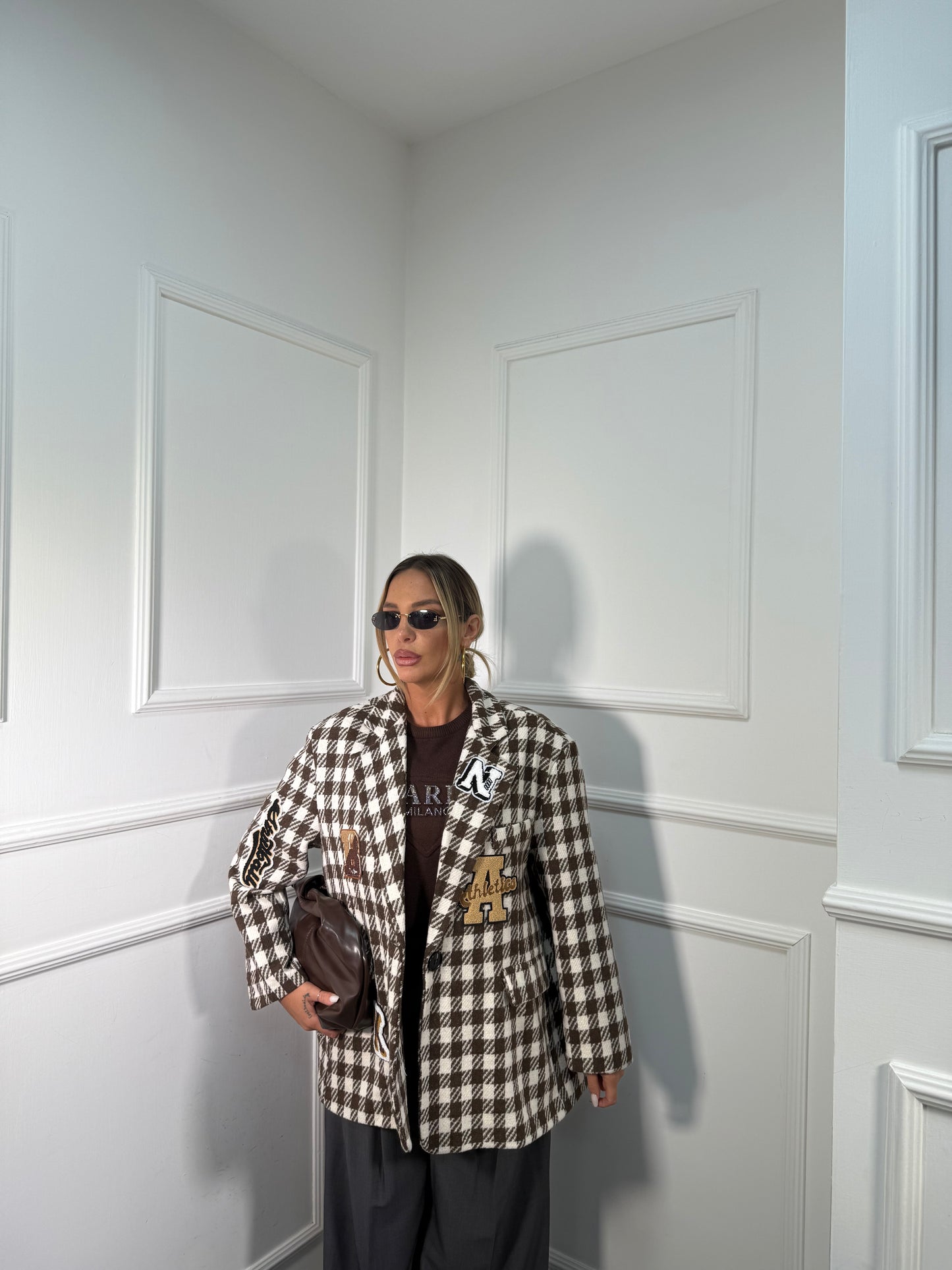 Blazer lana cotta pied de poule Patchwork marrone/panna 1506090