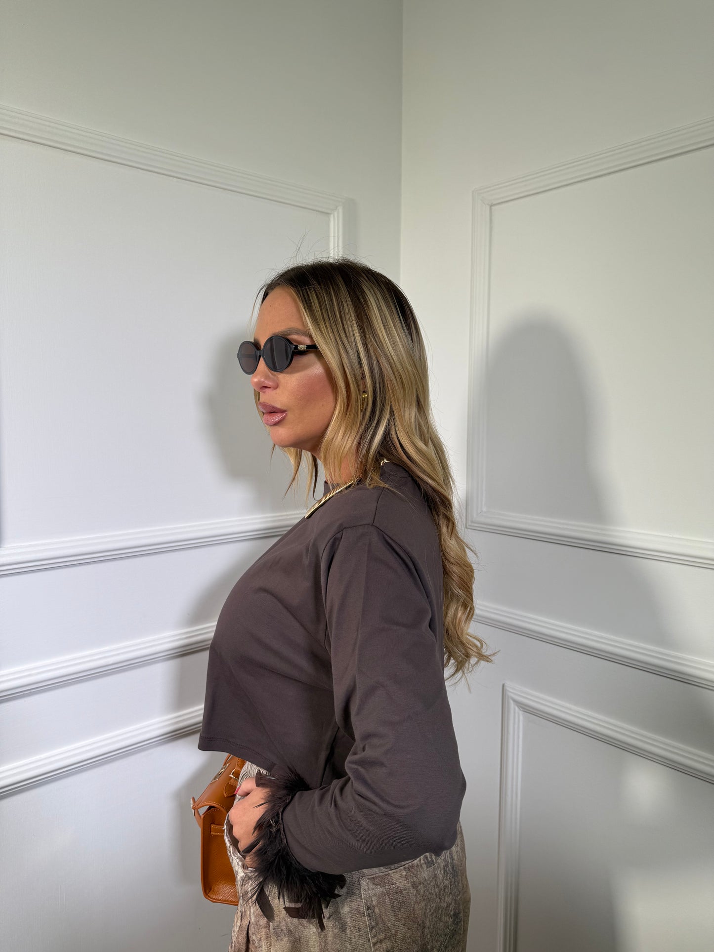 Shirt spalline con piume Francy cacao