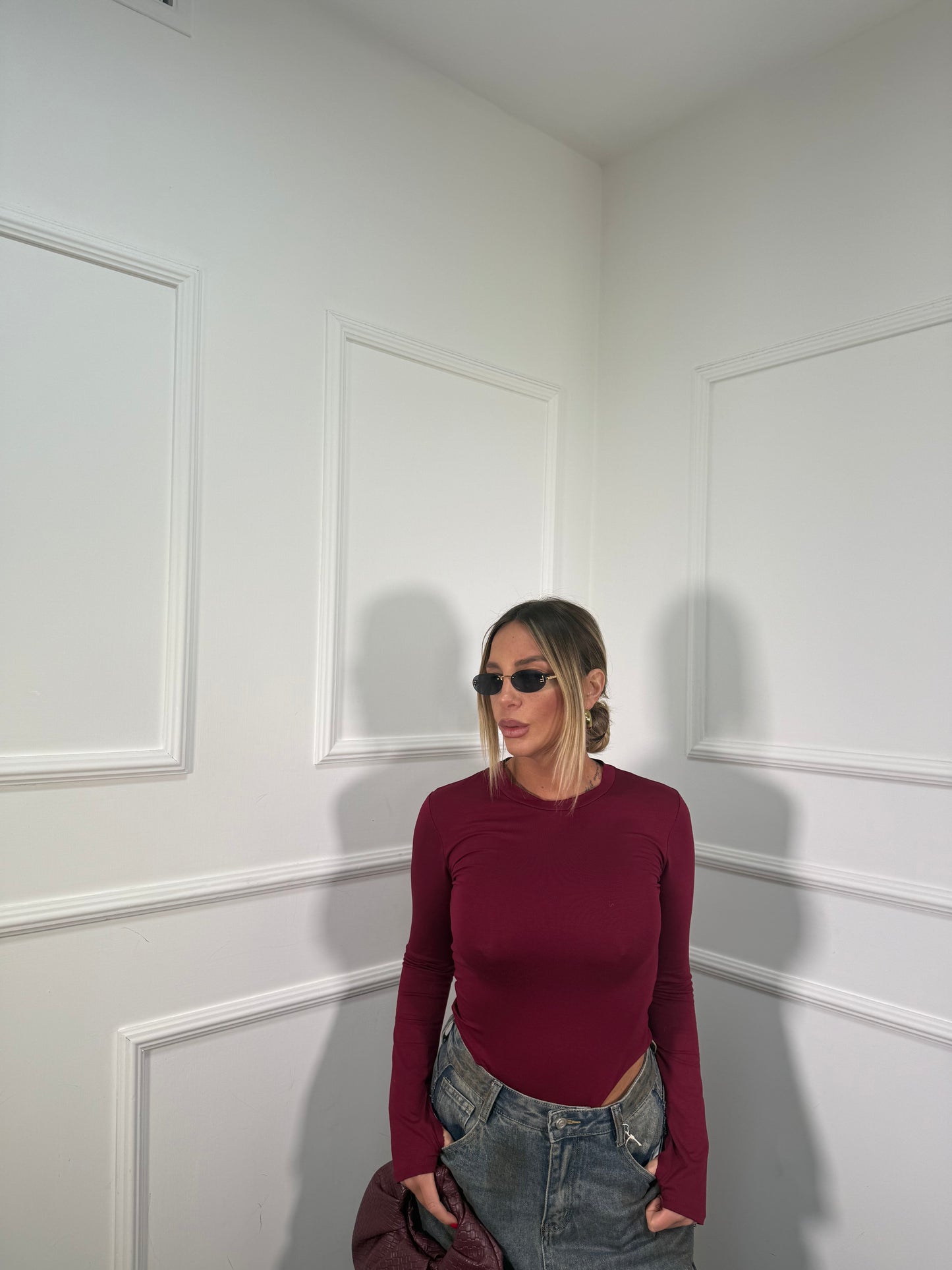 Body in cotone manica a guanto bordeaux